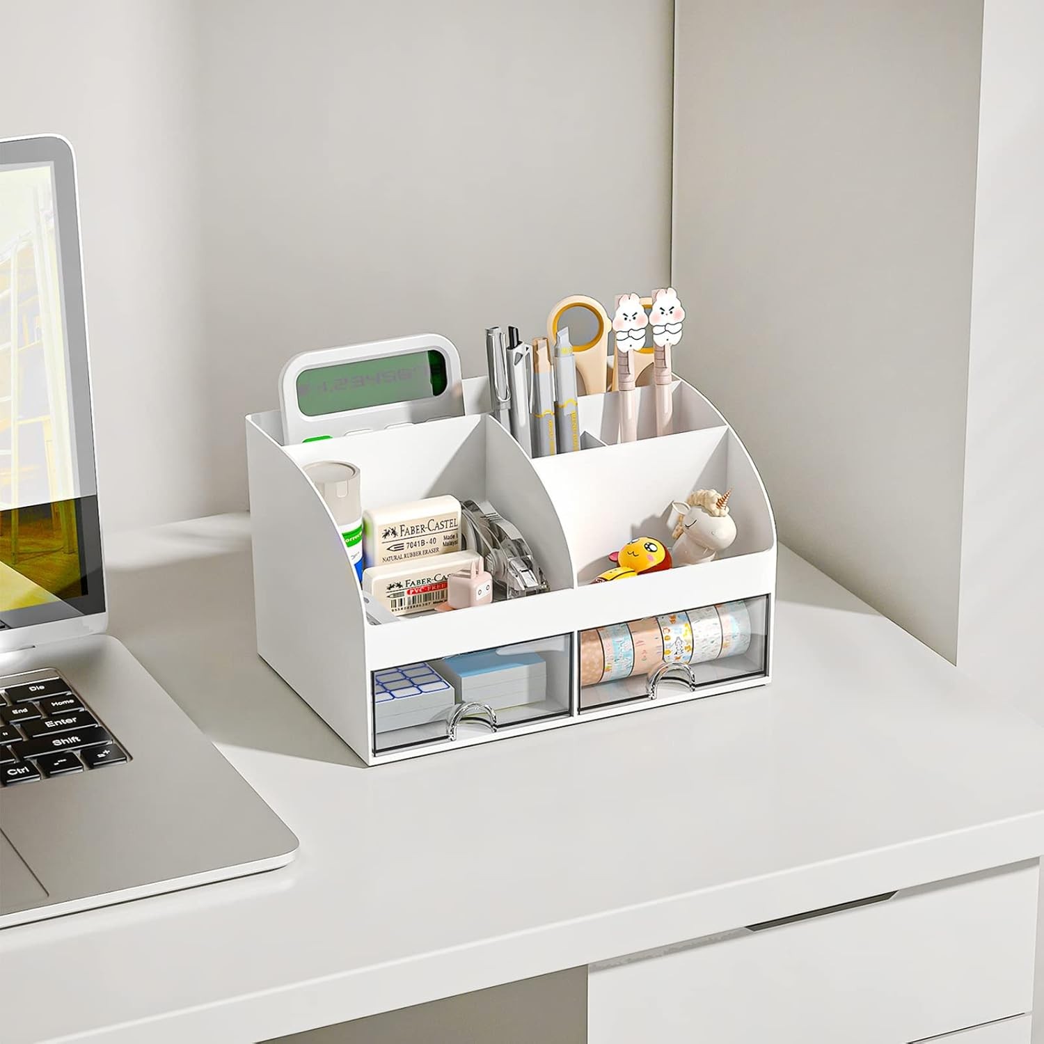 Desk Organizer with 6 Compartments and 2 Drawers, Plastic Makeup Organizer, Pen