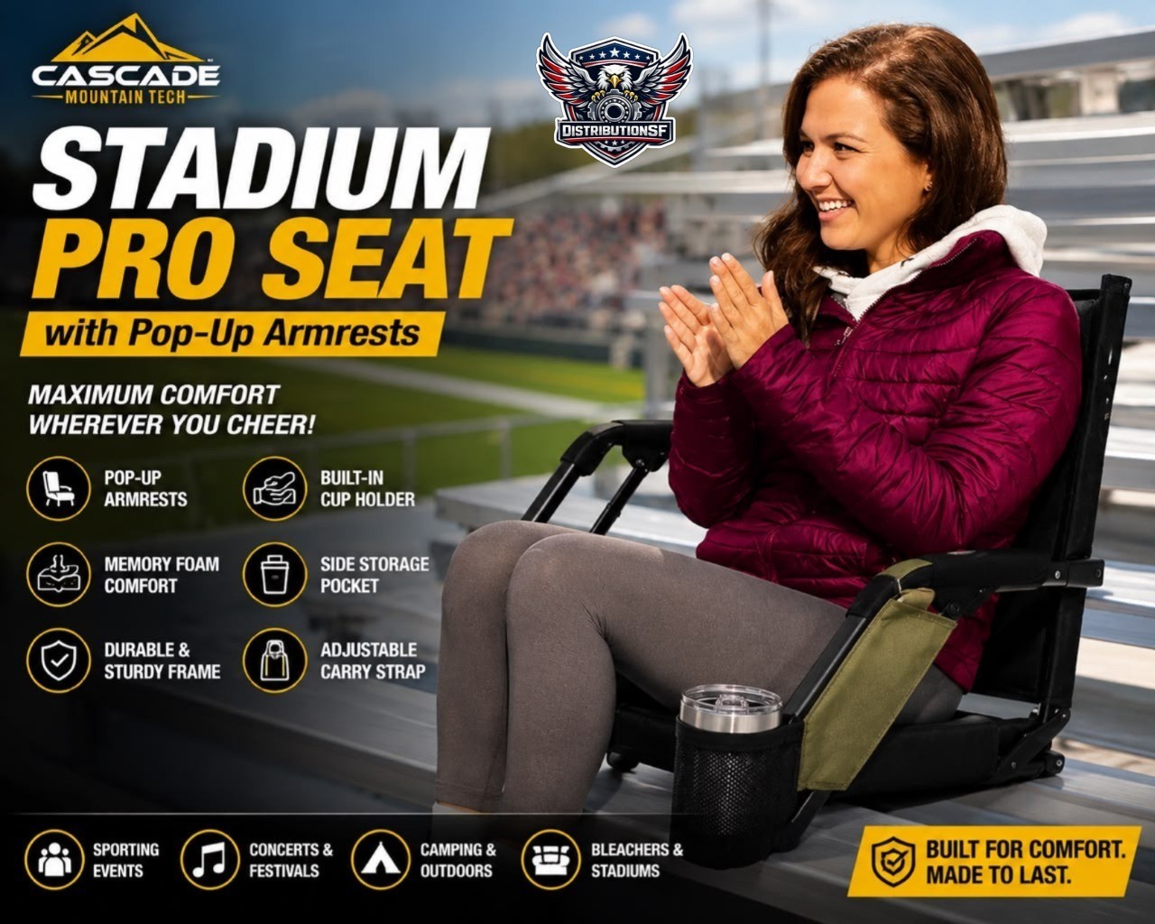 Cascade Mountain Tech Stadium Pro Seat Foldable Bleacher Chair w/ Armrests