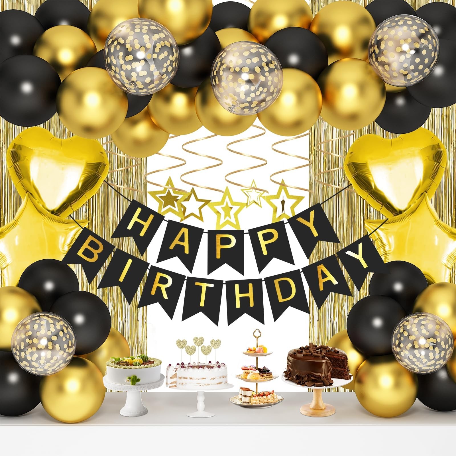 Black Gold Birthday Decorations, Gold Party Decorations Set with Birthday Ban...