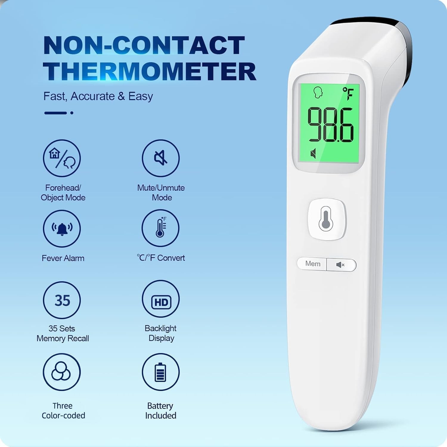 No Contact Accurate Thermometer for Adults and Kids,  Fever Alarm & Silent Mode,