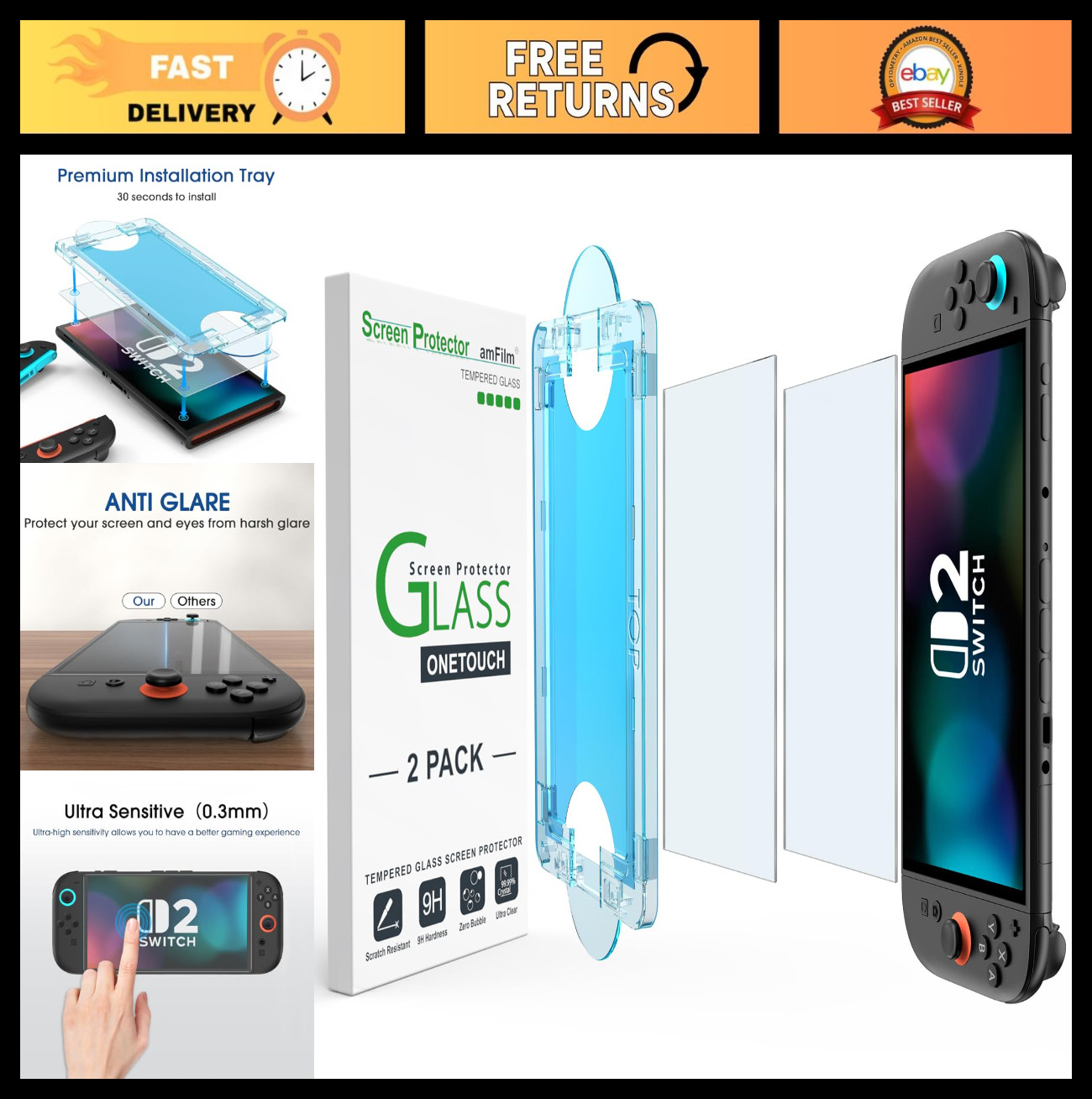 2 Pack Tempered Glass Screen Protector for Nintendo Switch - Matte Finish, Anti-