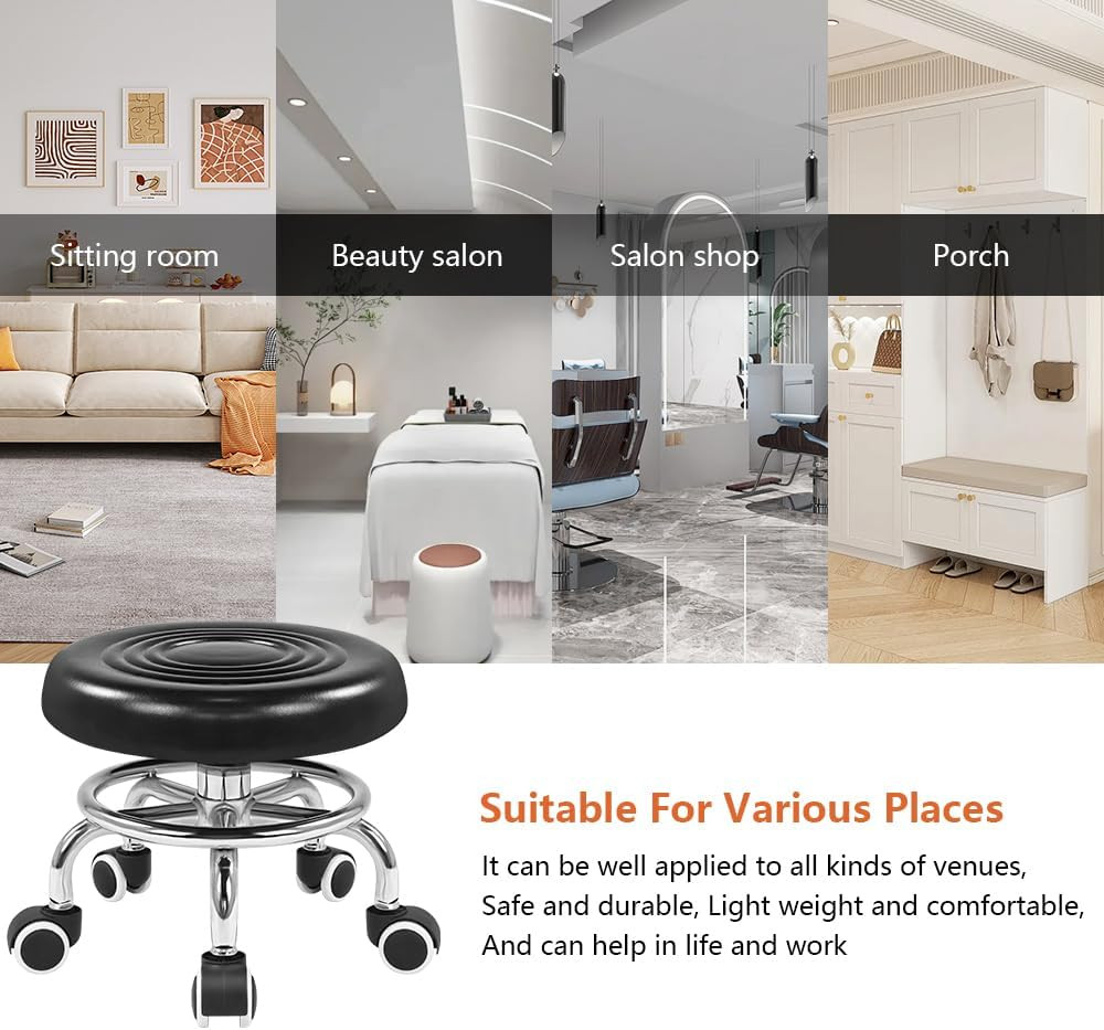 Black Roller Seat PU Leather Rolling Stools with Wheels Nail Stool for Home Work