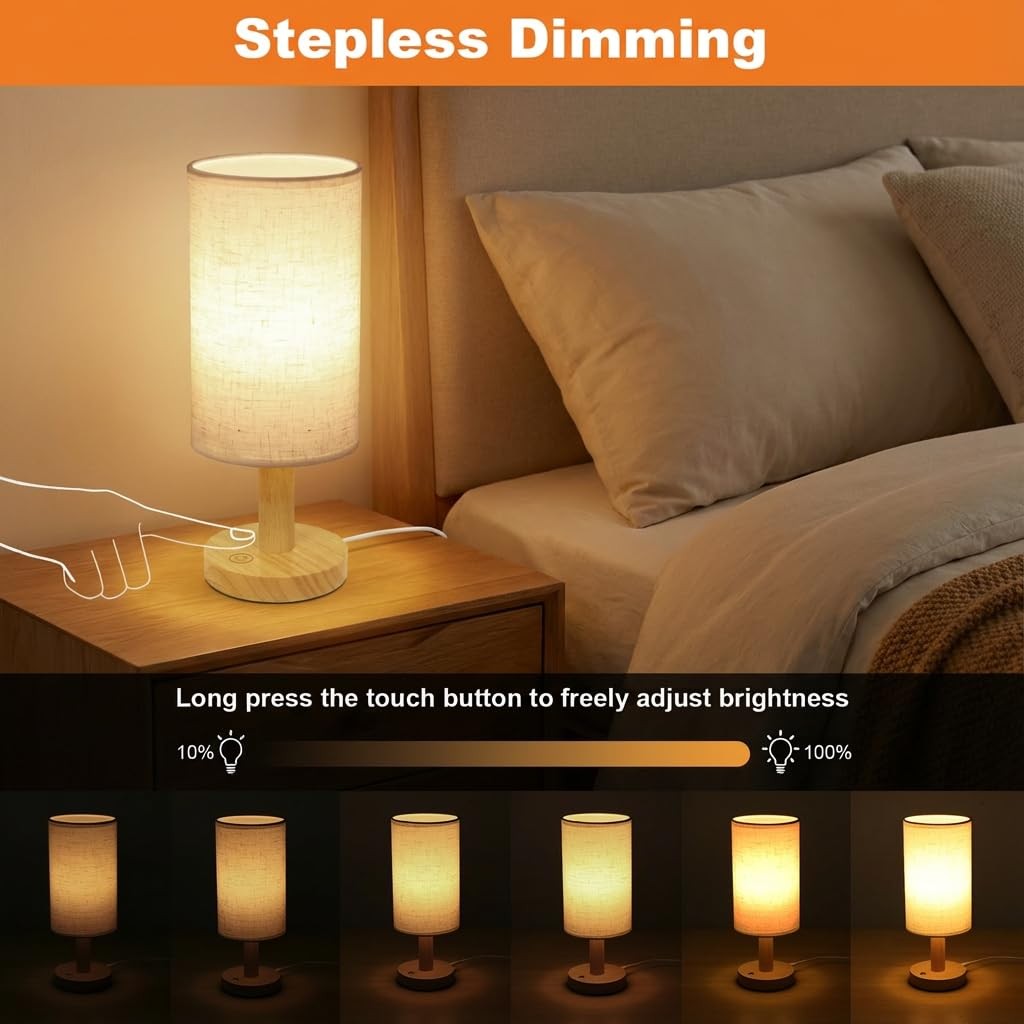 Touch Bedside Table Lamp - Stepless Dimming USB Powered, Minimalist Wood Base...