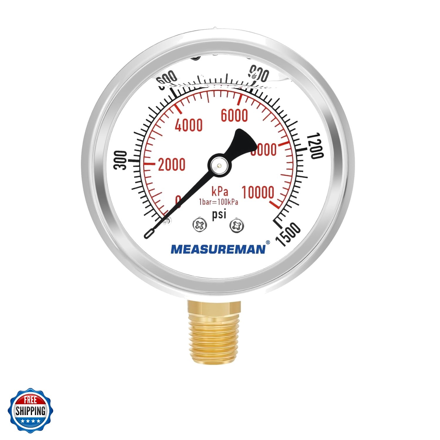2-1/2" Dial Size, Glycerin Filled Pressure Gauge, 0-1500psi/kpa, 304 Stainles...