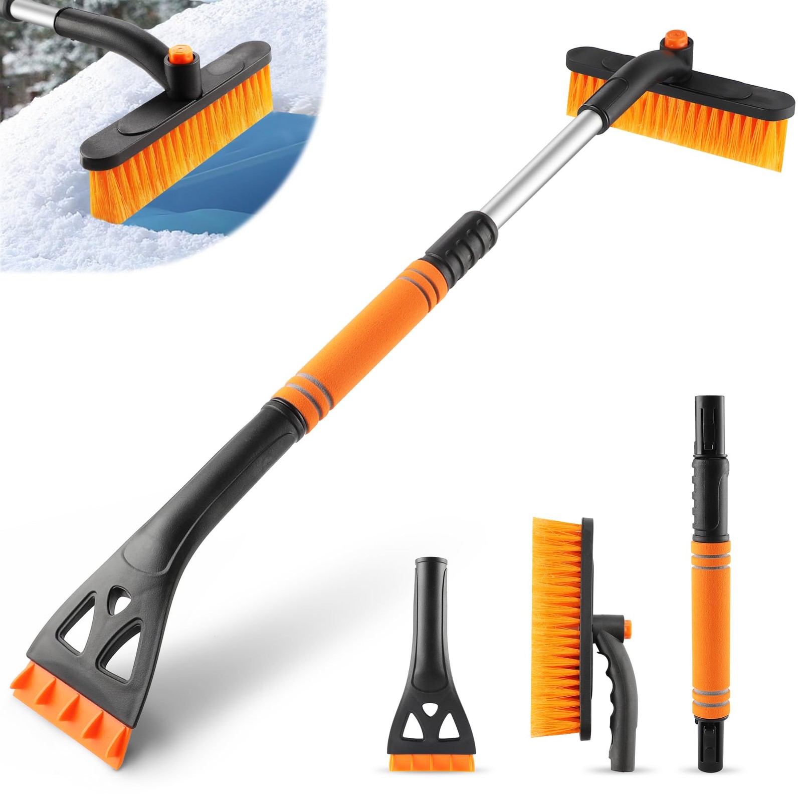 Ice Scraper & Snow Brush 32 Extendable 360 Rotating Orange LivTee Windshield