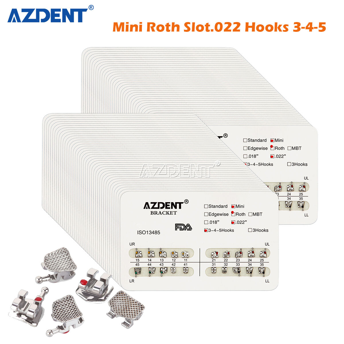AZDENT Dental Orthodontic Brackets Braces Mini Roth Slot.022" Hooks 3-4-5 Metal