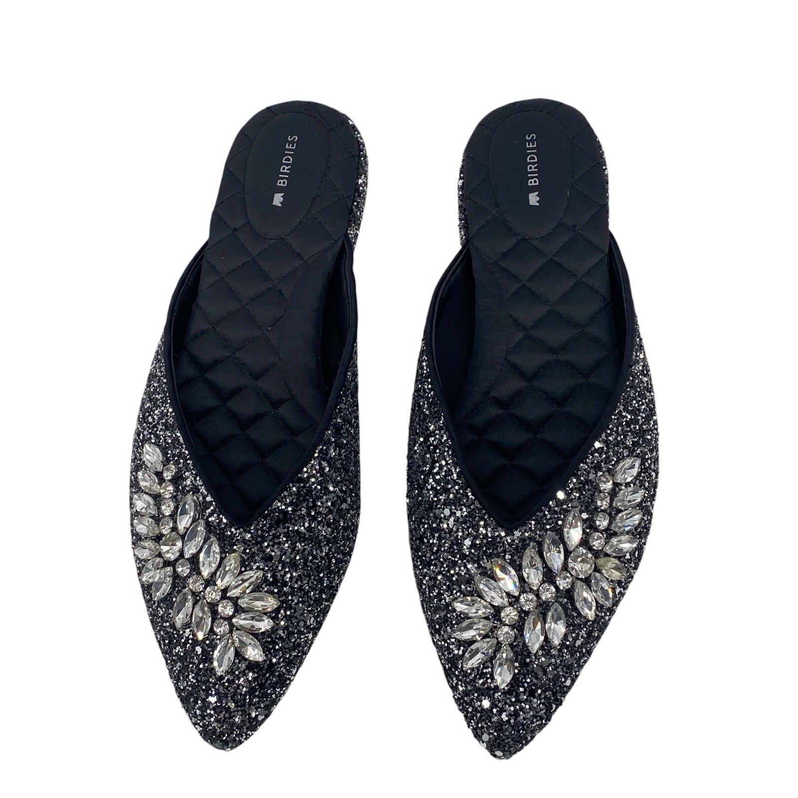 BIRDIES The Swan Women's Sz 8.5 Jeweled Gunmetal Elegant Glittery Slip-On Mules