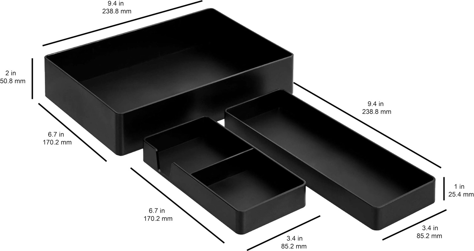 3 Piece Plastic Desk Organizer Tray Bundle Black Durable Hard Plastic