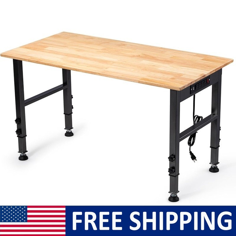 48" Height Adjustable Workbench Rubber Wood Top Workstation with Power Outlet