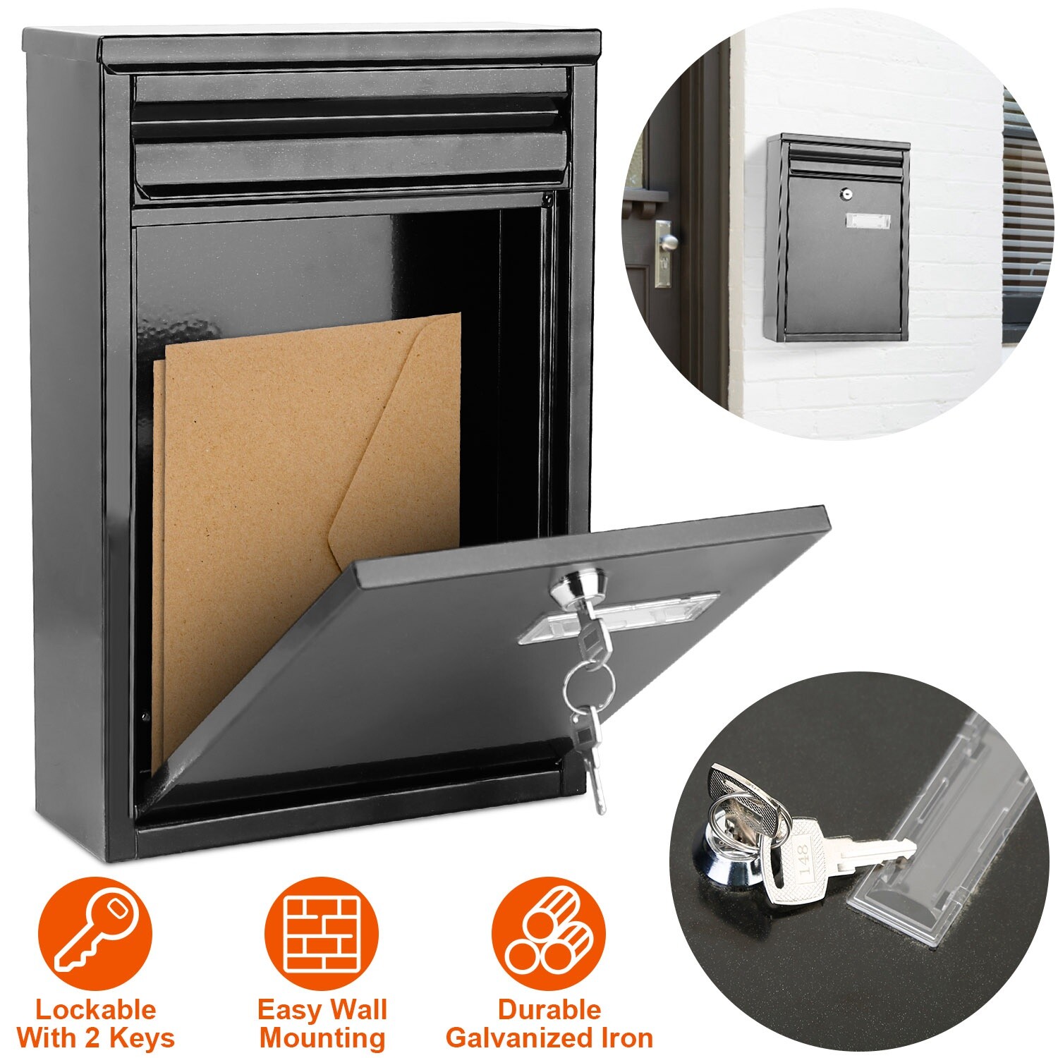 Locking Mailboxes Wall Mounted Key Lock Drop Mail Box Steel Rust-proof Post Box