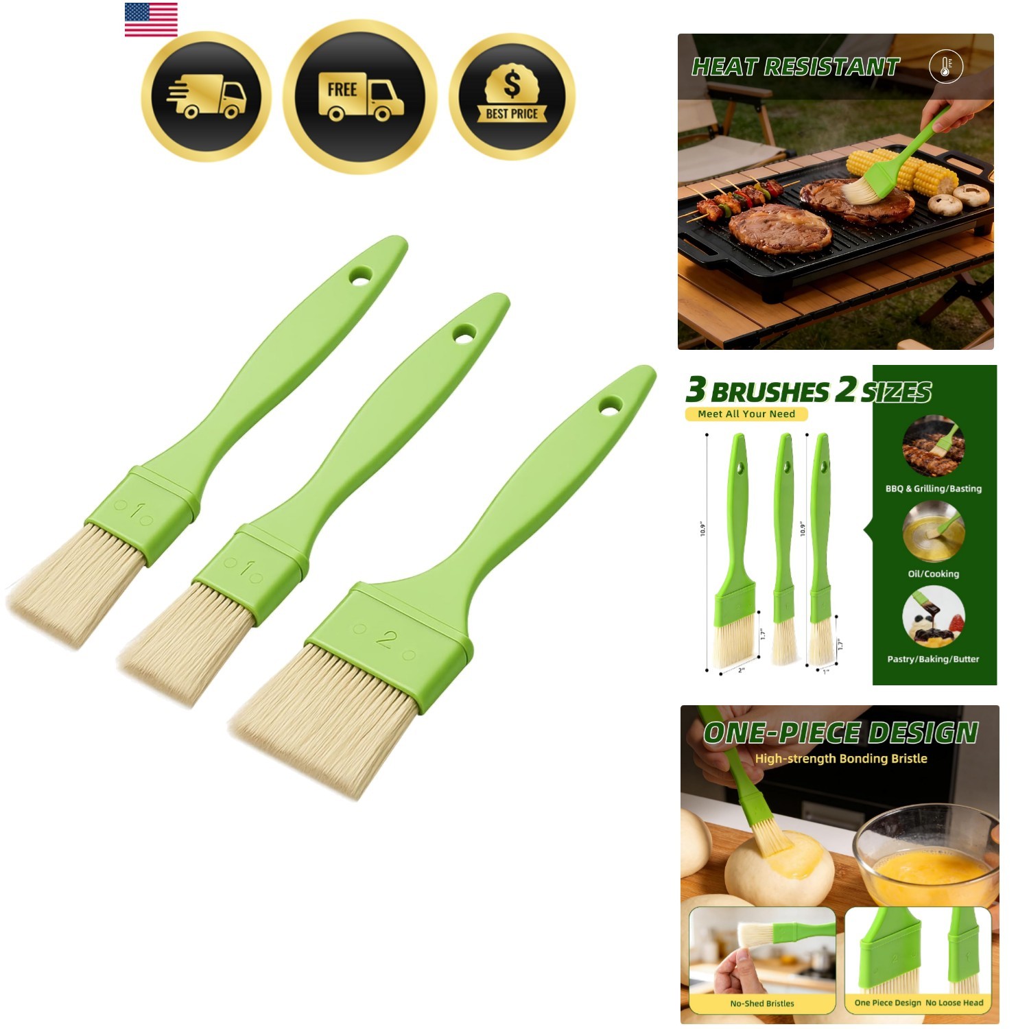 3 Pcs Pastry Brush Set, 1/1/2 inch Bristle Basting Brushes for Cooking, Heat ...
