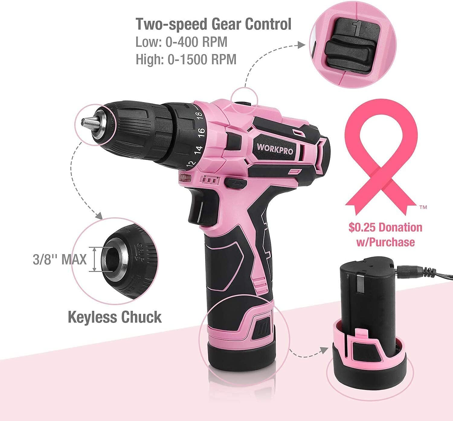 WORKPRO Cordless Drill Driver Kit 12V Screwdriver Driver Tool Kit Green/Pink NEW