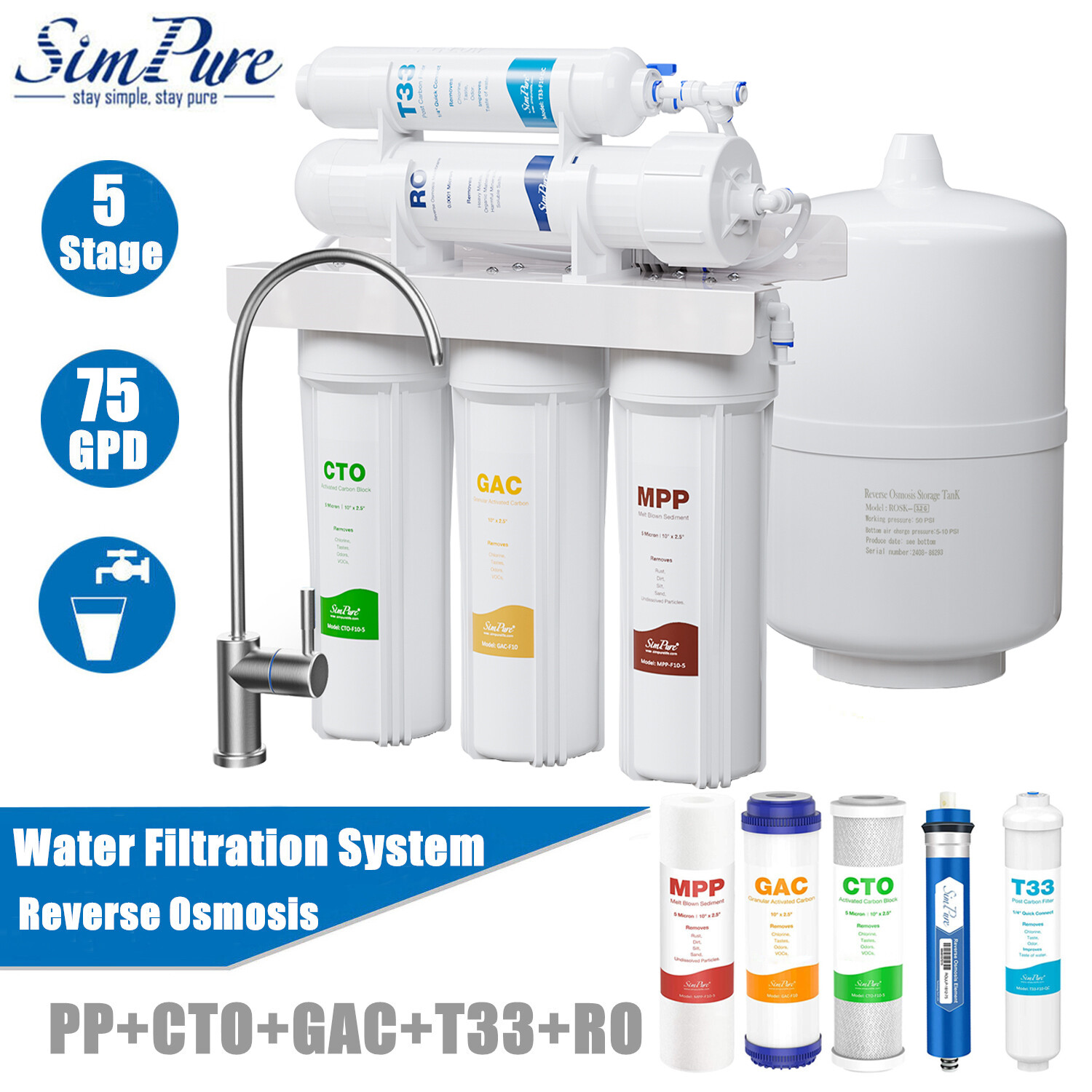 75 GPD 5 Stage Under Sink Ro Reverse Osmosis System Drinking Water Filtration