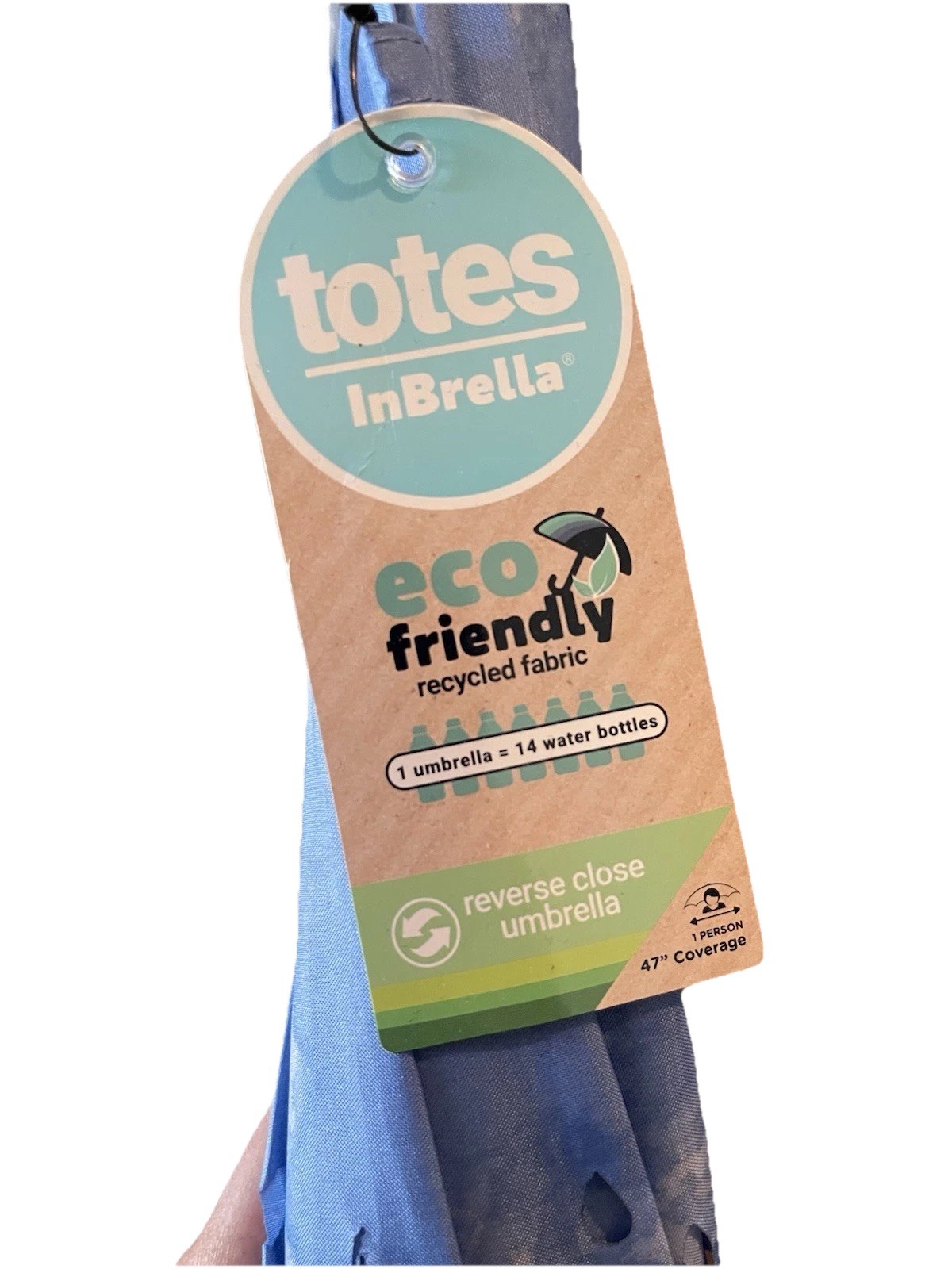 Totes Inbrella Reverse Close Folding Umbrella Light Blue Sky Clouds Pattern NWT