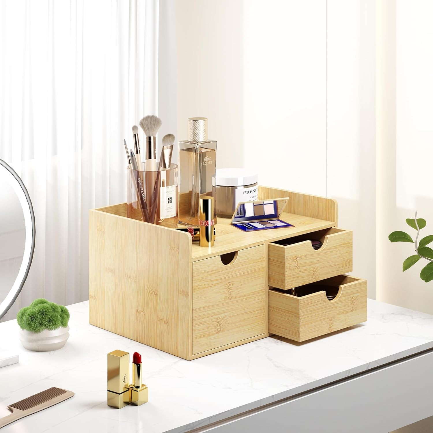 Desk Organizer with Drawers Bamboo Desktop Organizer Storage Wood Desk Drawers