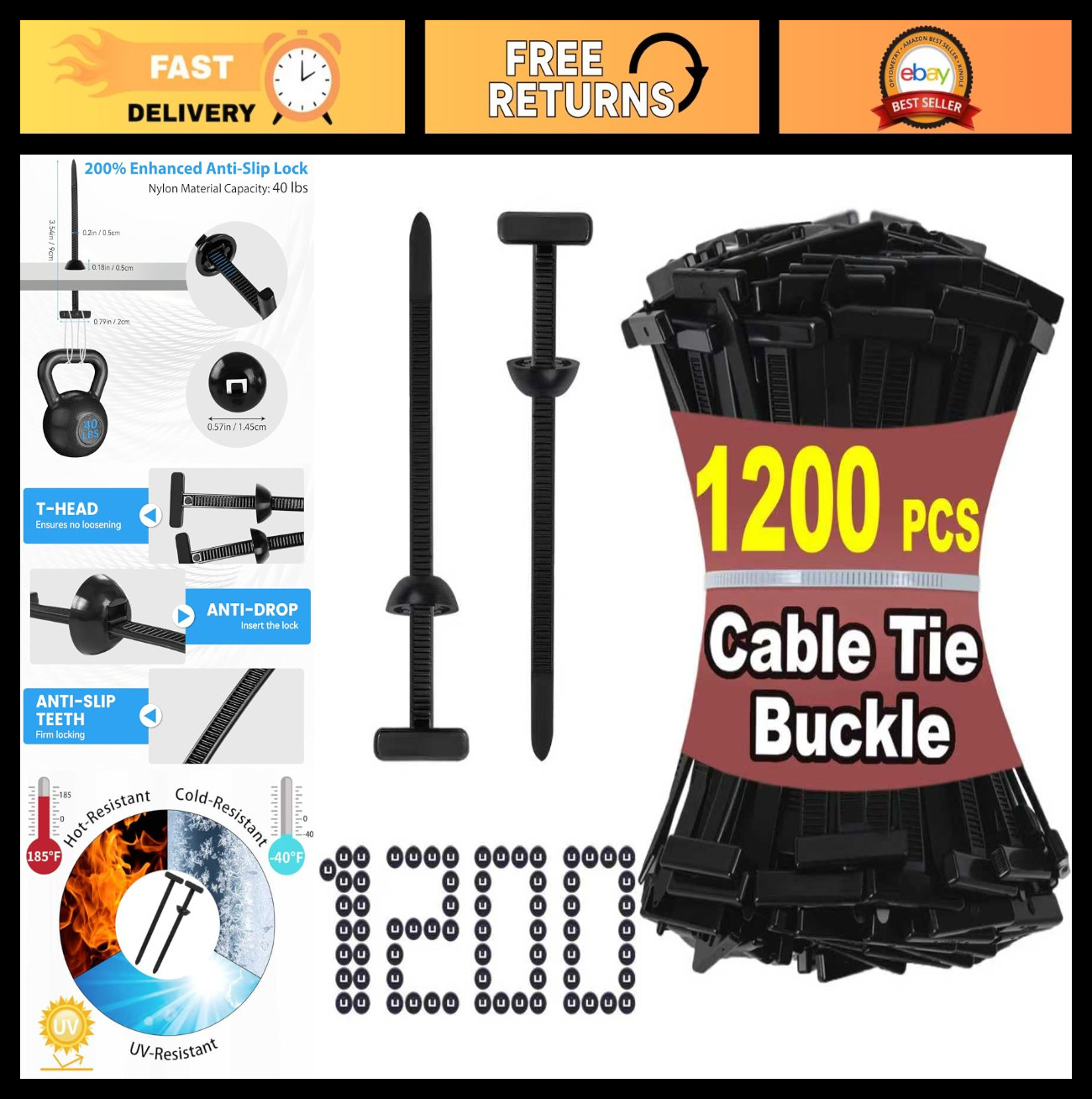 1200 PCS Heavy Duty Cable Tie Set - Nylon Zip Lock Straps & Buckles for Repairs
