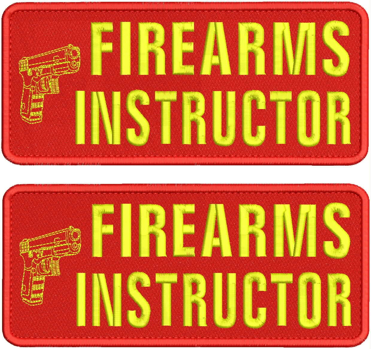 FIREARMS INSTRUCTOR 2 EMB PATCHES 4X10'' VELCR@ ON BACK YELLOW ON RED