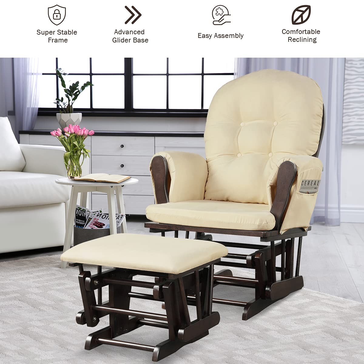 Costzon Glider and Ottoman Set, Wood 29.5” x 28.5” x 39.5” (L x W x H), Beige