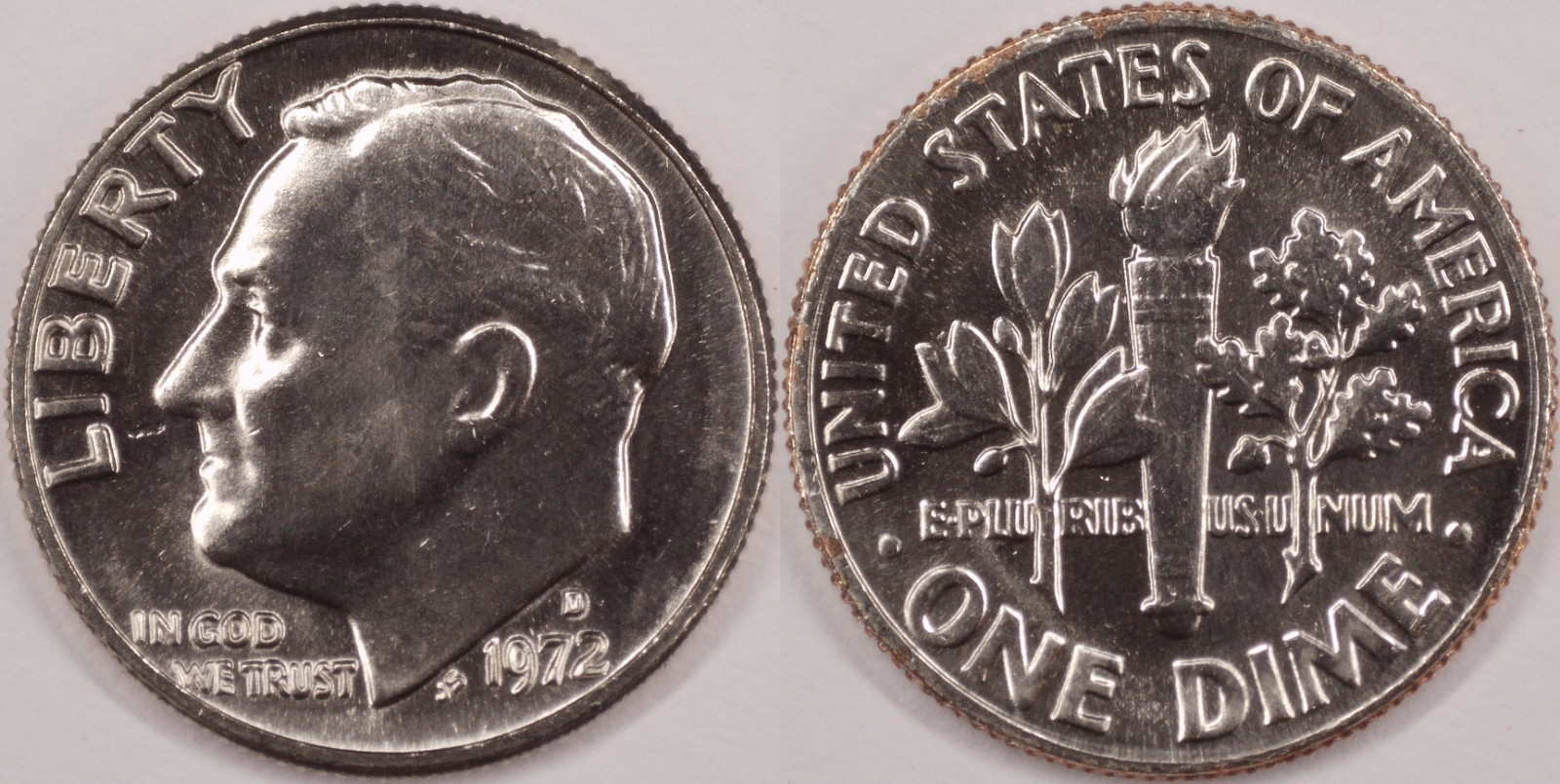 United States 1972 D 10 Cents Roosevelt Dime KM#195a Clad Torch Olive Oak Branch