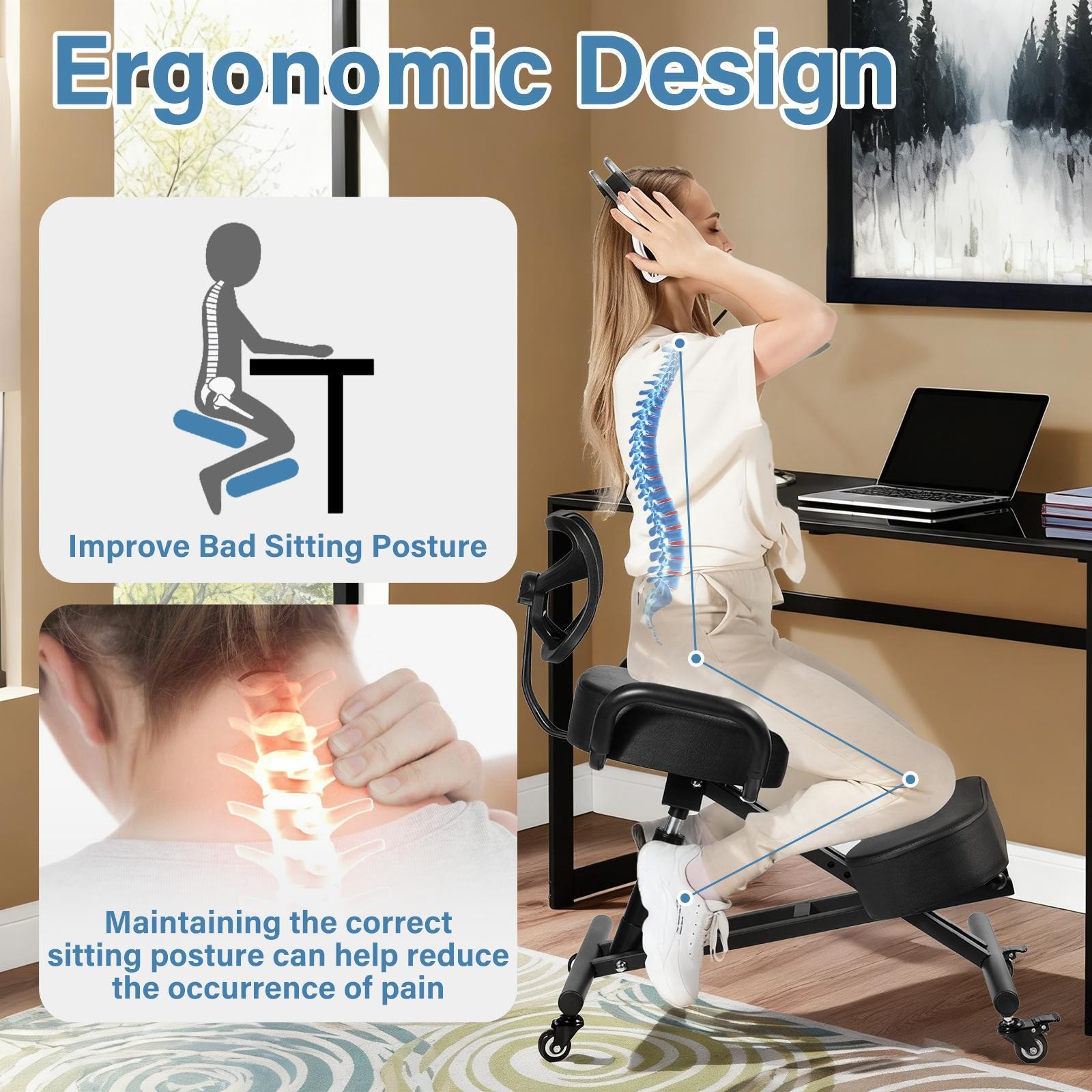 Ergonomic Kneeling Chair with Backrest and Wheels, X-Shaped Design