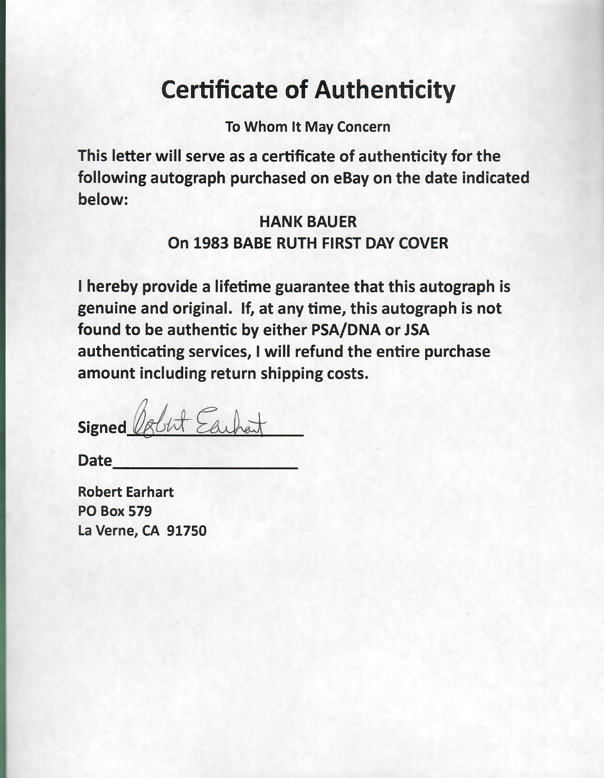 HANK BAUER - YANKEES - SIGNED 1983 BABE RUTH FIRST DAY COVER WITH COA