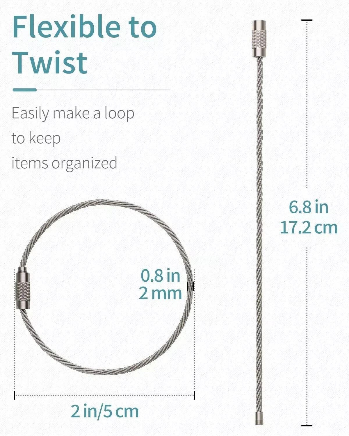 10Pcs. Wire Keychain Cable Large Stainless Steel Key Ring Loop Holder Heavy Duty