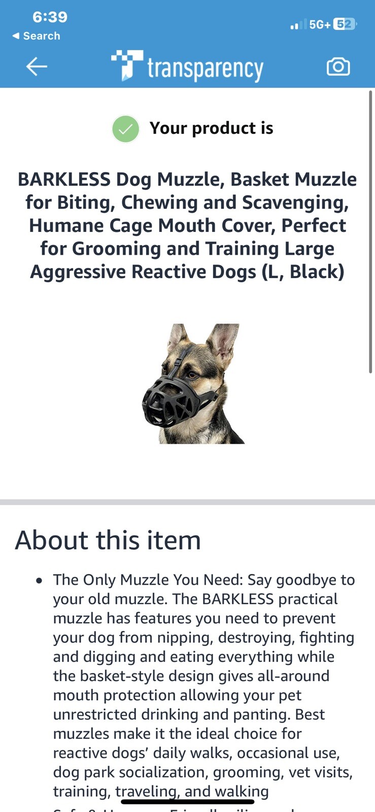 BARKLESS Dog Muzzle, Basket Muzzle for Biting, Chewing and Scavenging, Humane L