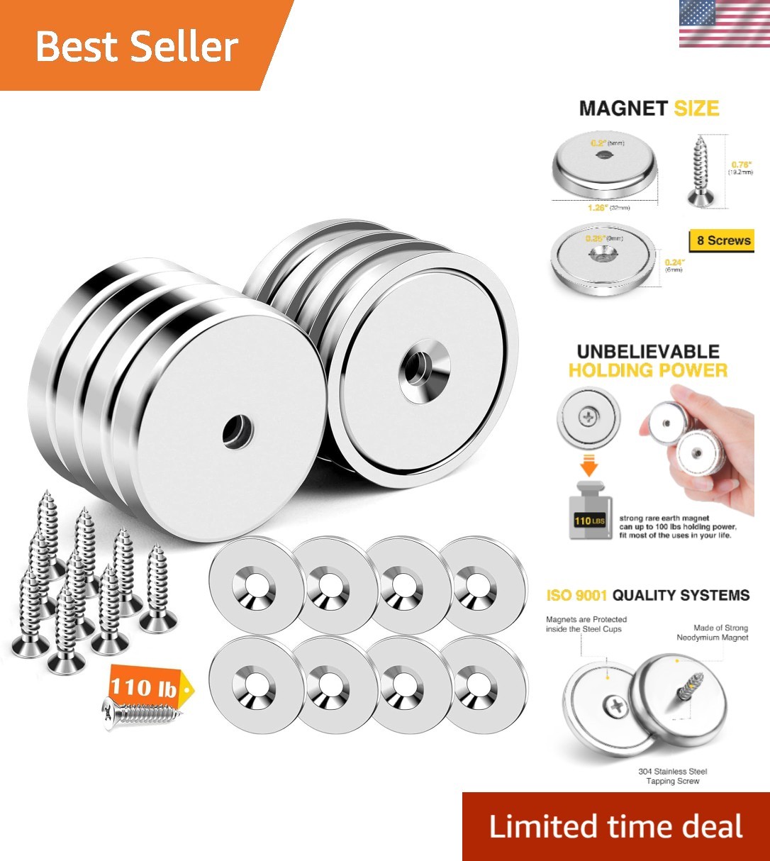 Alloy Steel Round Neodymium Magnets - 110LBS Strength, Perfect for Mounting