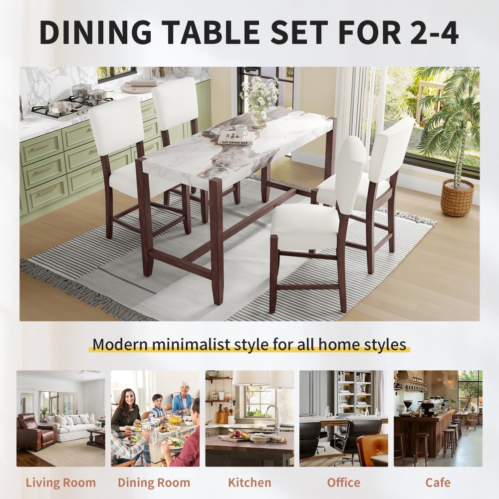 Faux Marble Counter Height Dining Table Set with 2 Chairs, Modern Pub