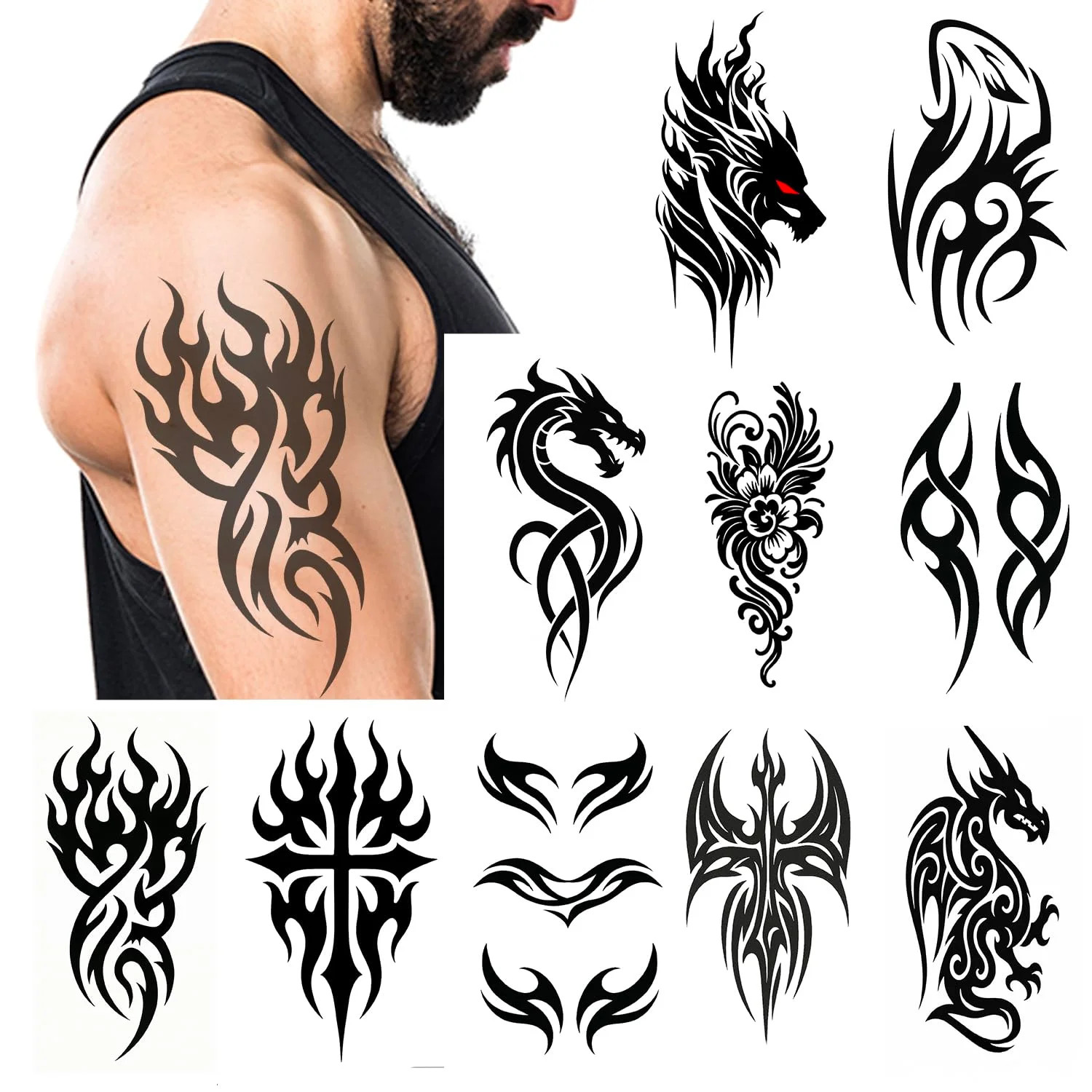 10 Sheets Fake Temporary Tattoo Large Full Arm Sticker Waterproof Black Color