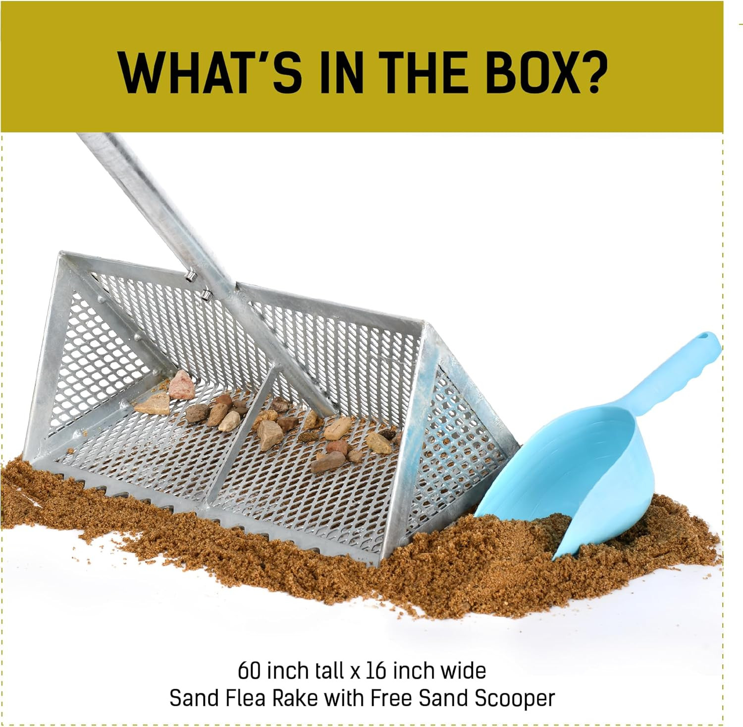 Heavy Duty 52" Sand Flea Rake with 16" Basket & Ergonomic Handle