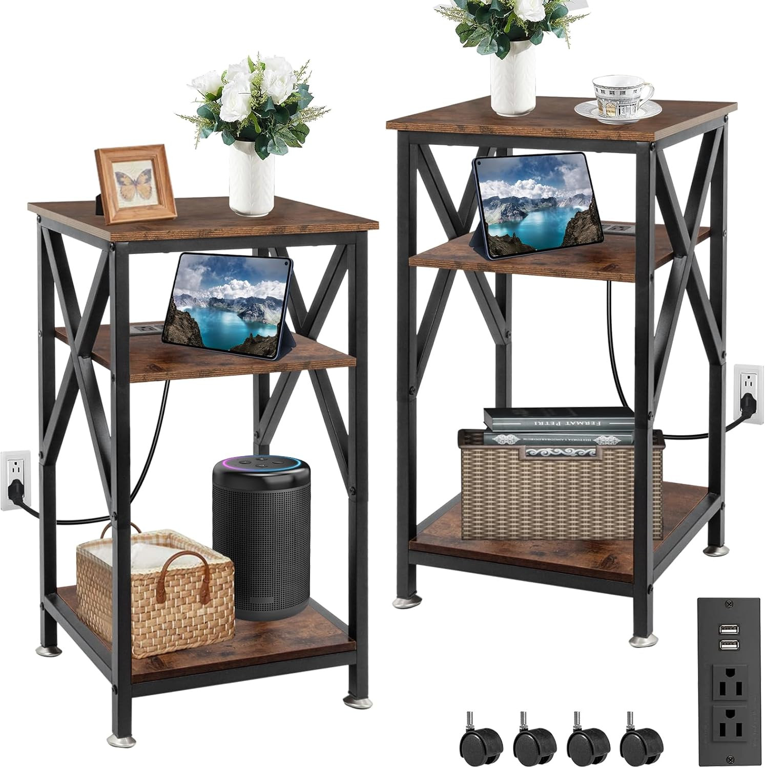 Rustic Farmhouse End Tables with Charging Station, Set of 2, 28" Tall