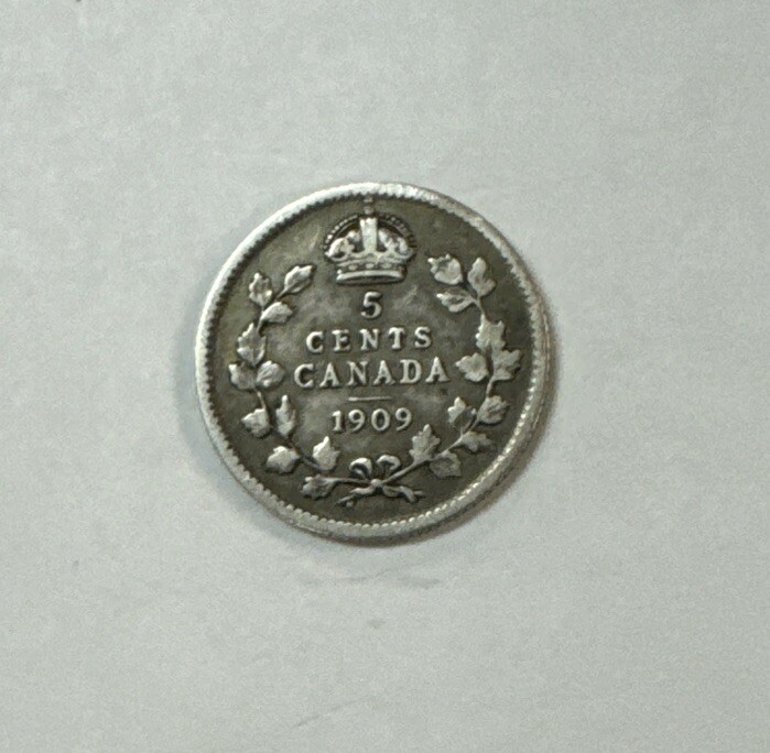 1909 Canada 5c Round Leaves, five Cents Coin