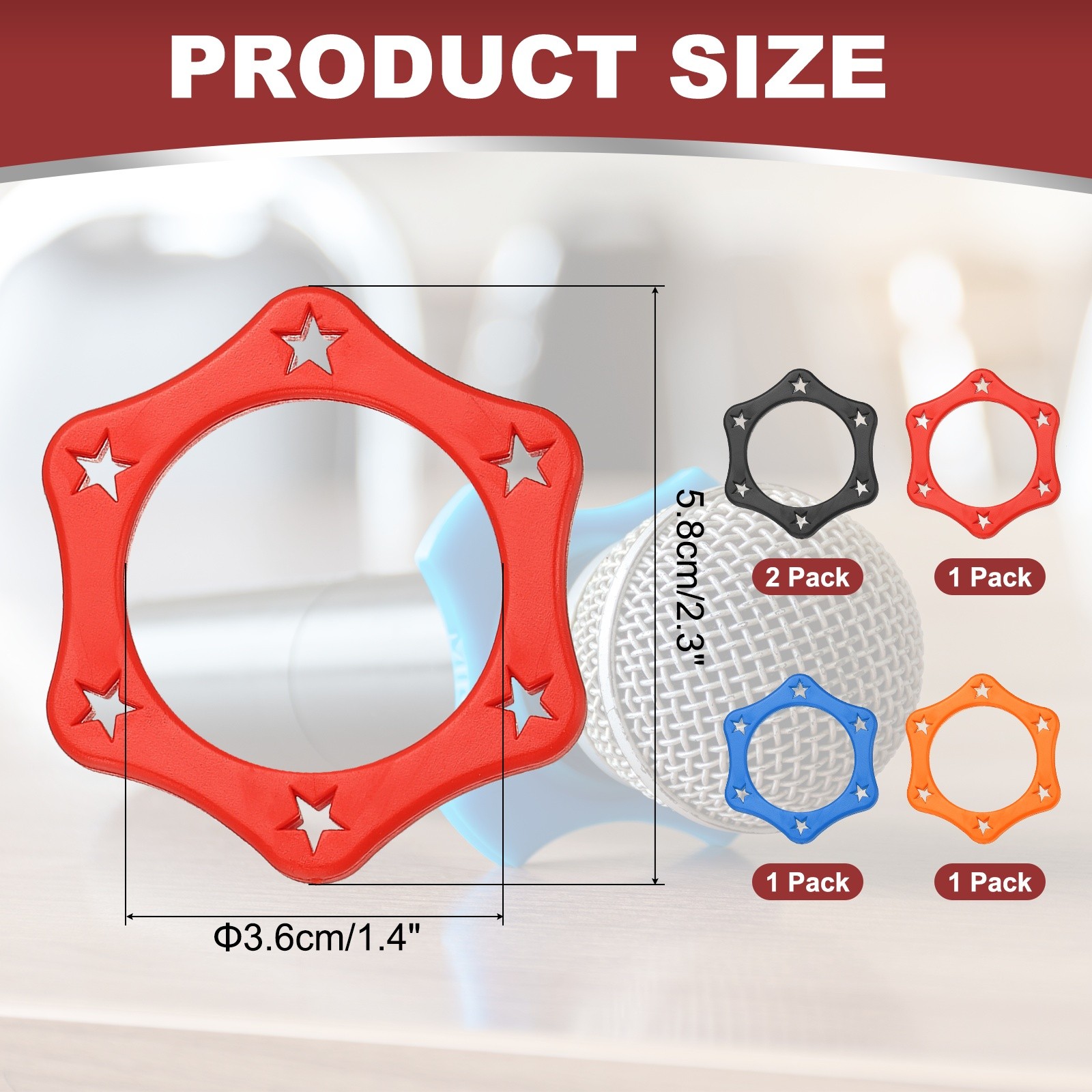 Microphone Hexagonal Rings, 5 Pack & 1.4 x 2.3" & Blue/Orange/Red/Black