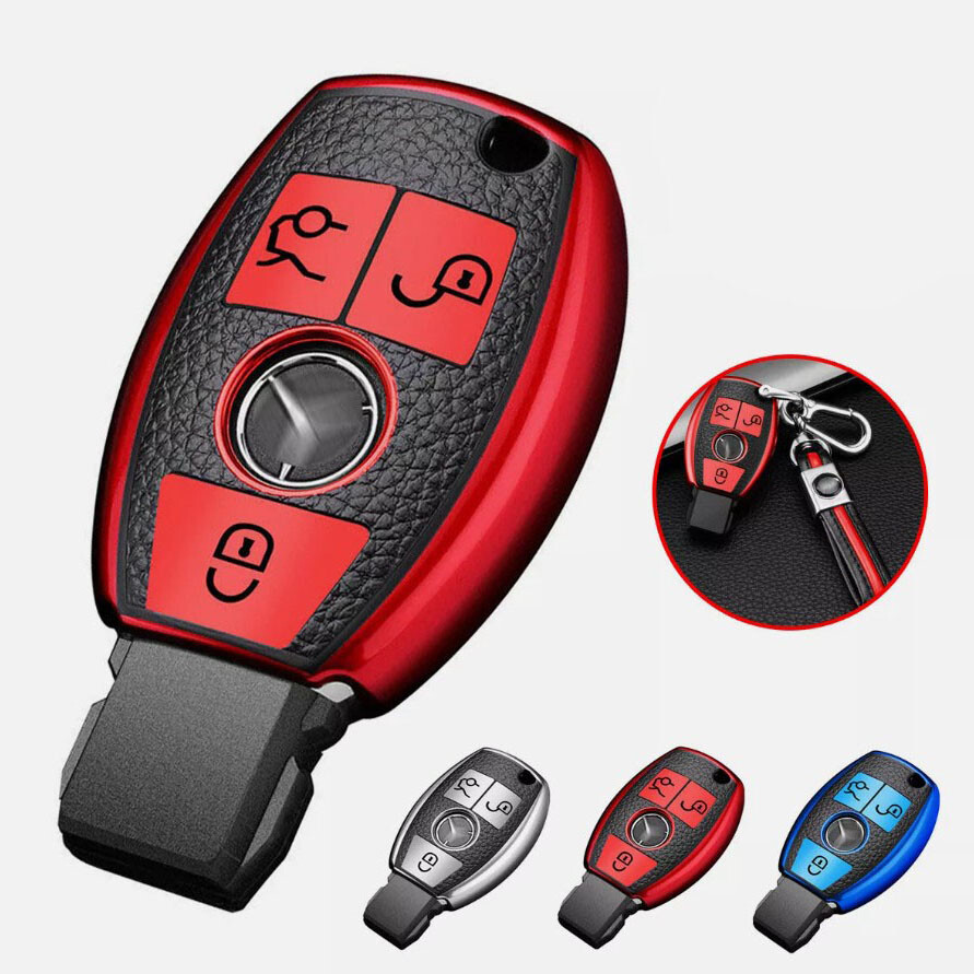 Leather Key Cover Case Car Shell  And Fob Holder Accessories For Mercedes Benz