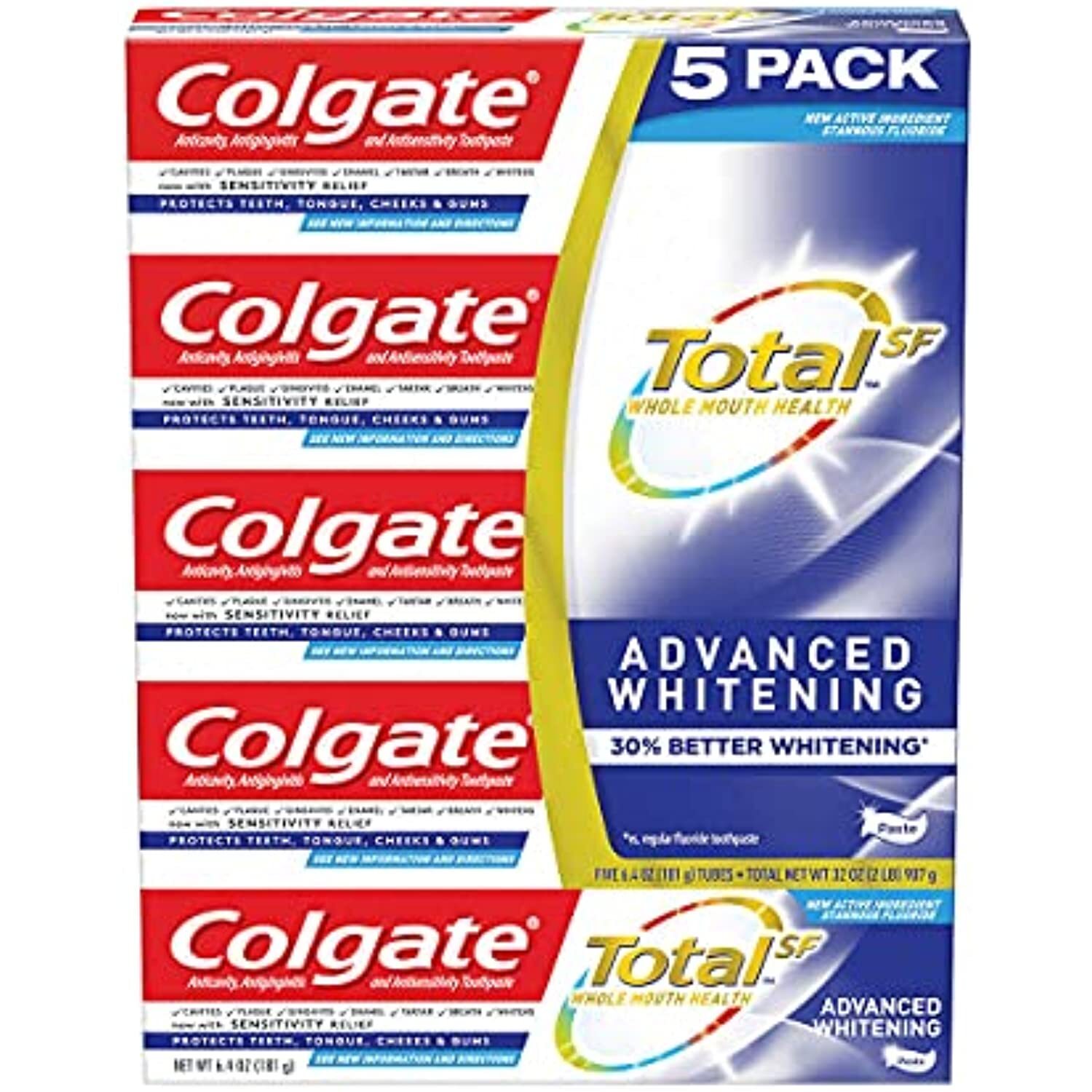 Colgate Total SF Advanced Whitening Toothpaste 6.4 oz, 5-pack