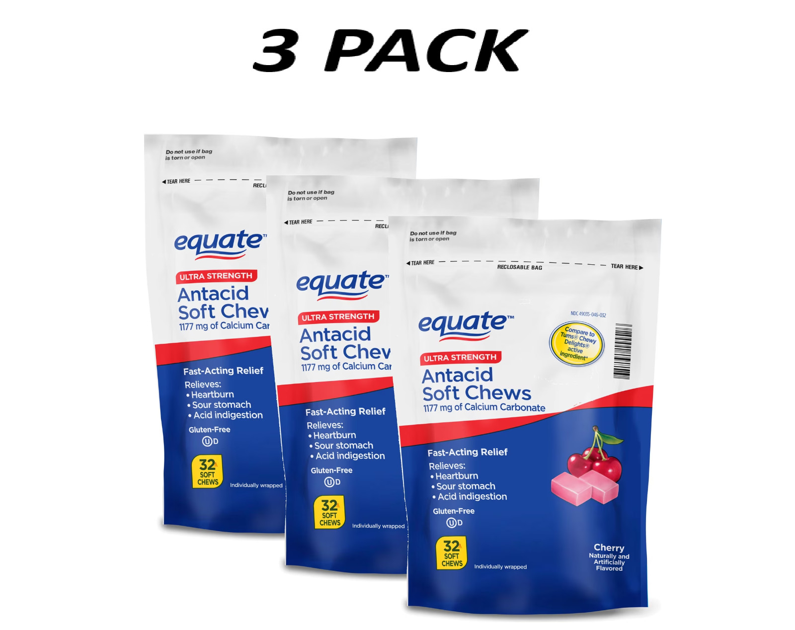(3 Pack) Equate Antacid Soft Chews Ultra Strength Cherry Relief 32 ct Each.