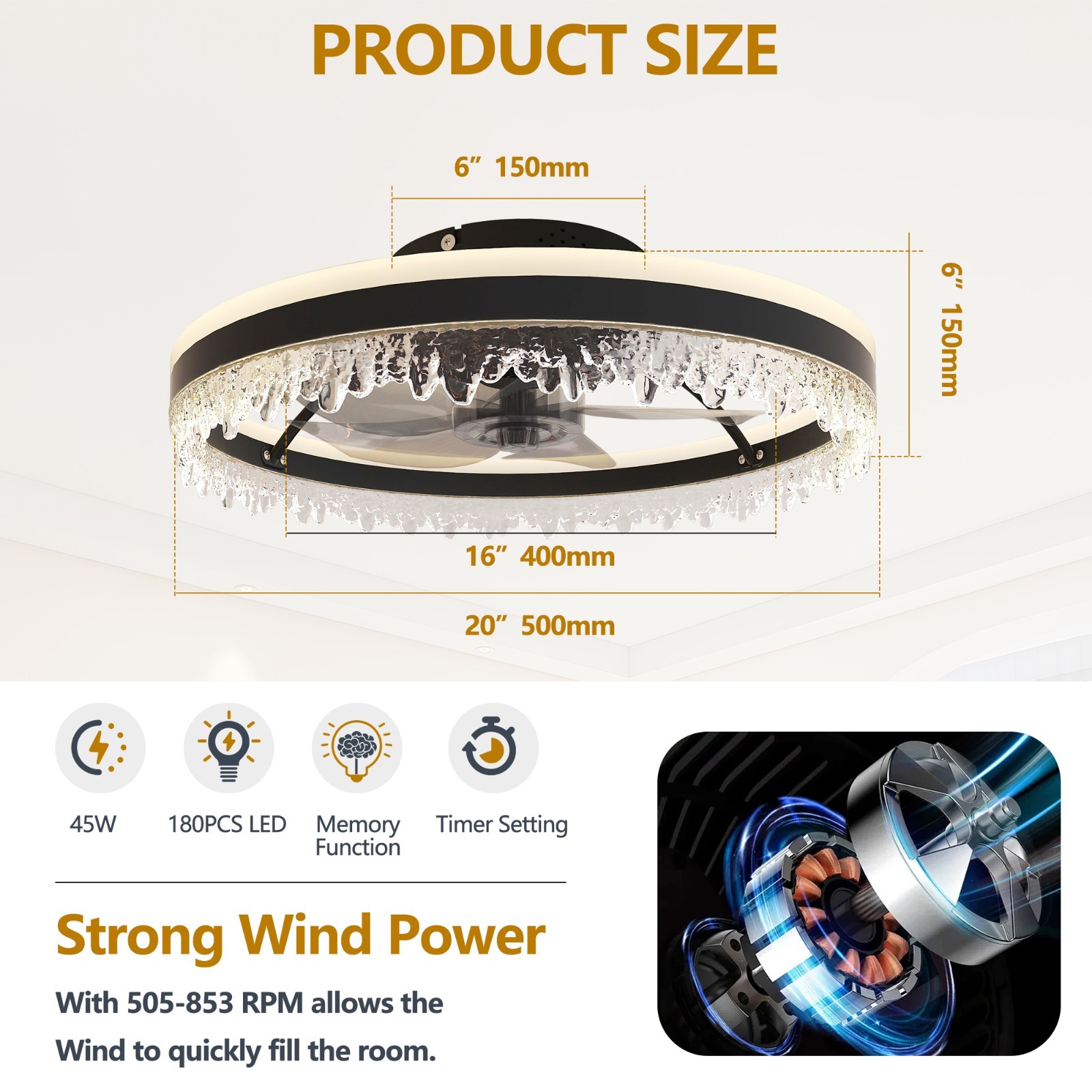 20" Smart Black Ceiling Fan Light – Silent, Reversible for Bedroom