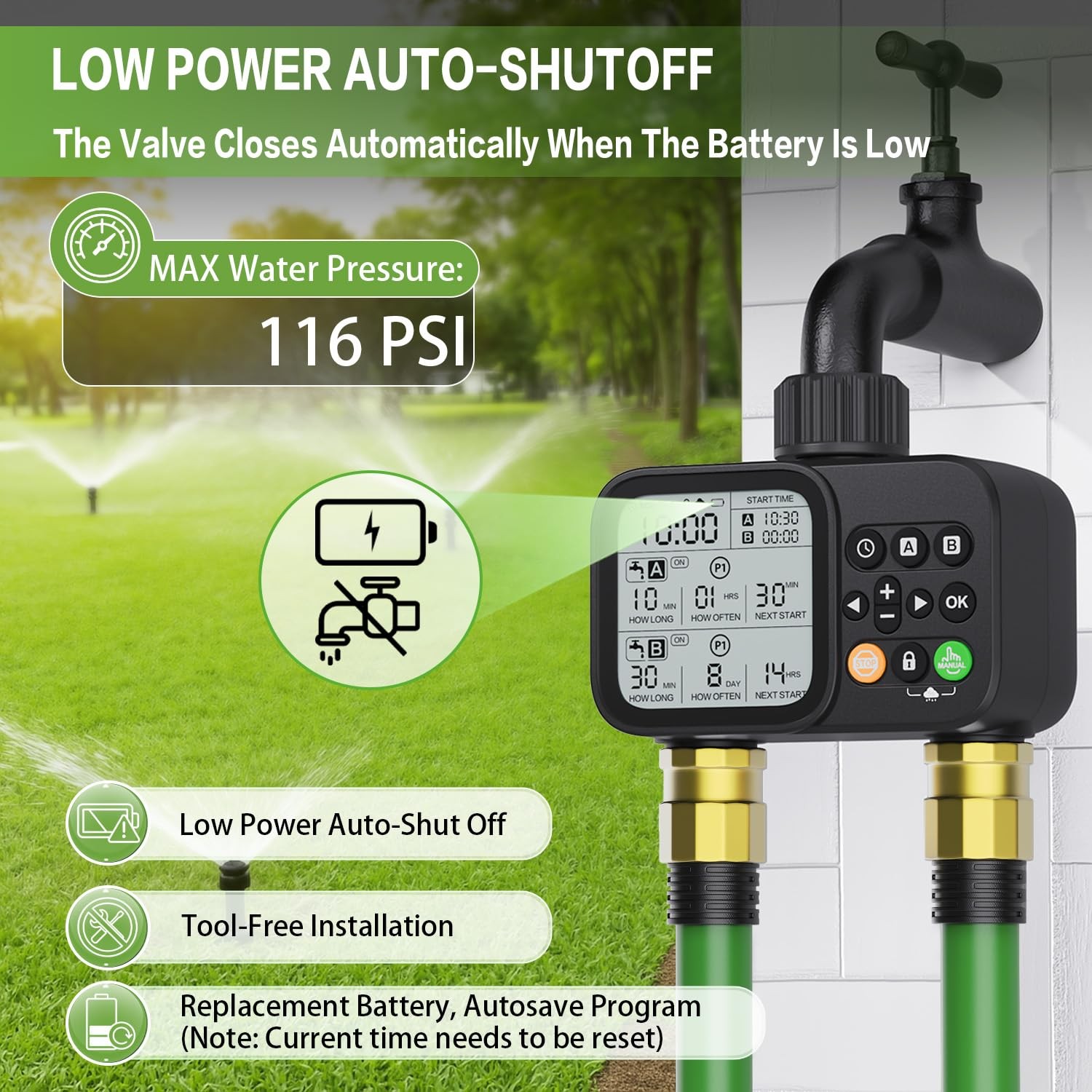 Programmable Dual Outlet Sprinkler Timer with Rain Delay for Garden Irrigation