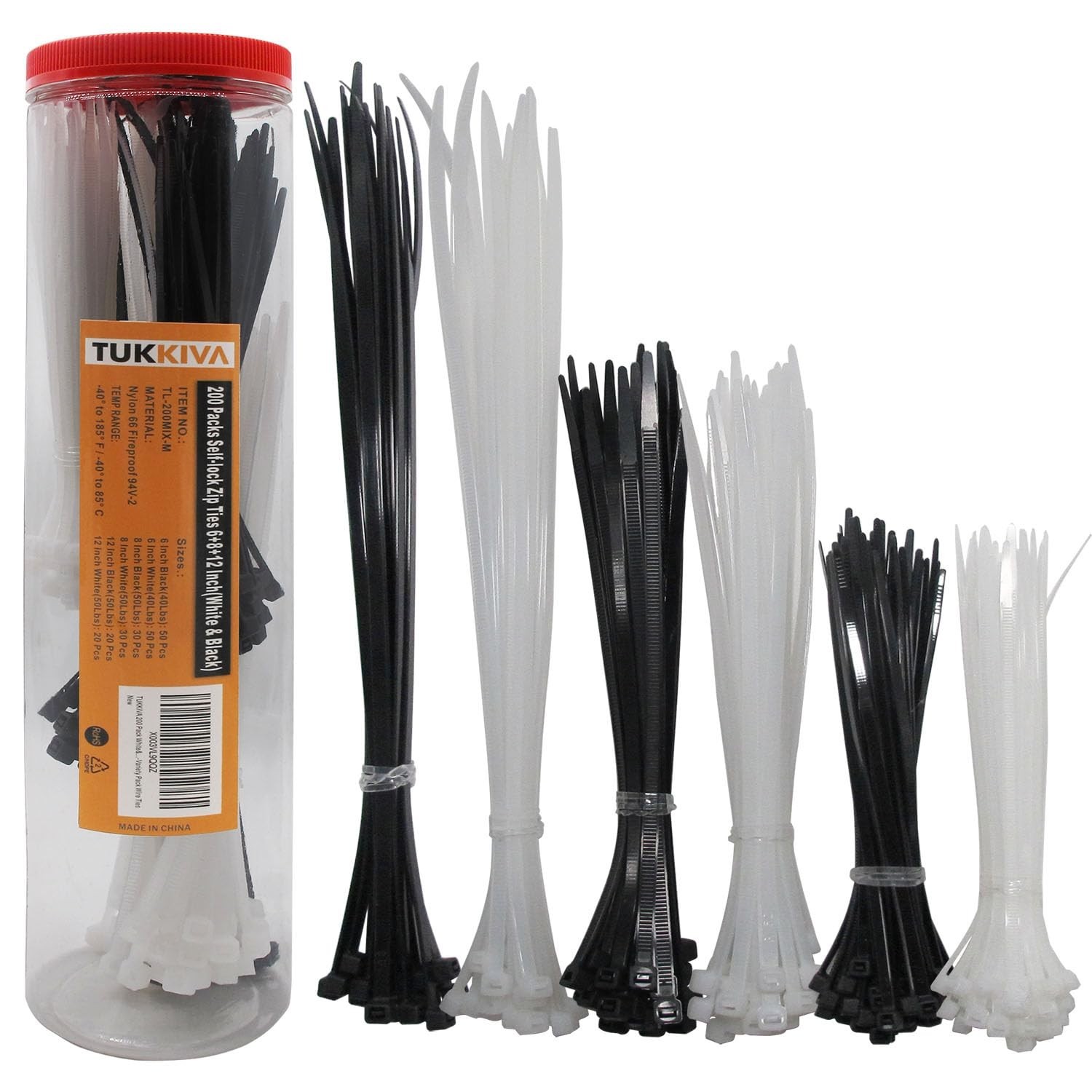 200 Pack White & Black Zip Ties Assorted Sizes 6+8+12 Inch Heavy Duty Cable T...