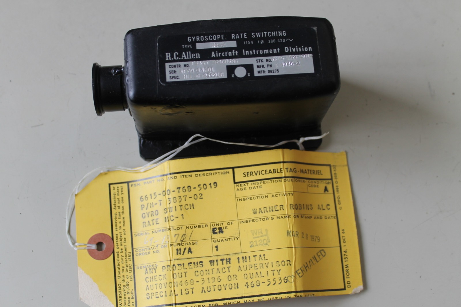 R.C. ALLEN RATE SWITCHING GYRO   T4040-2    US MIL OVERHAULED 1979