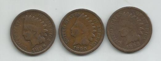 1889, 1890, 1893 INDIAN HEAD CENTS - LOT OF 3 NICE COINS