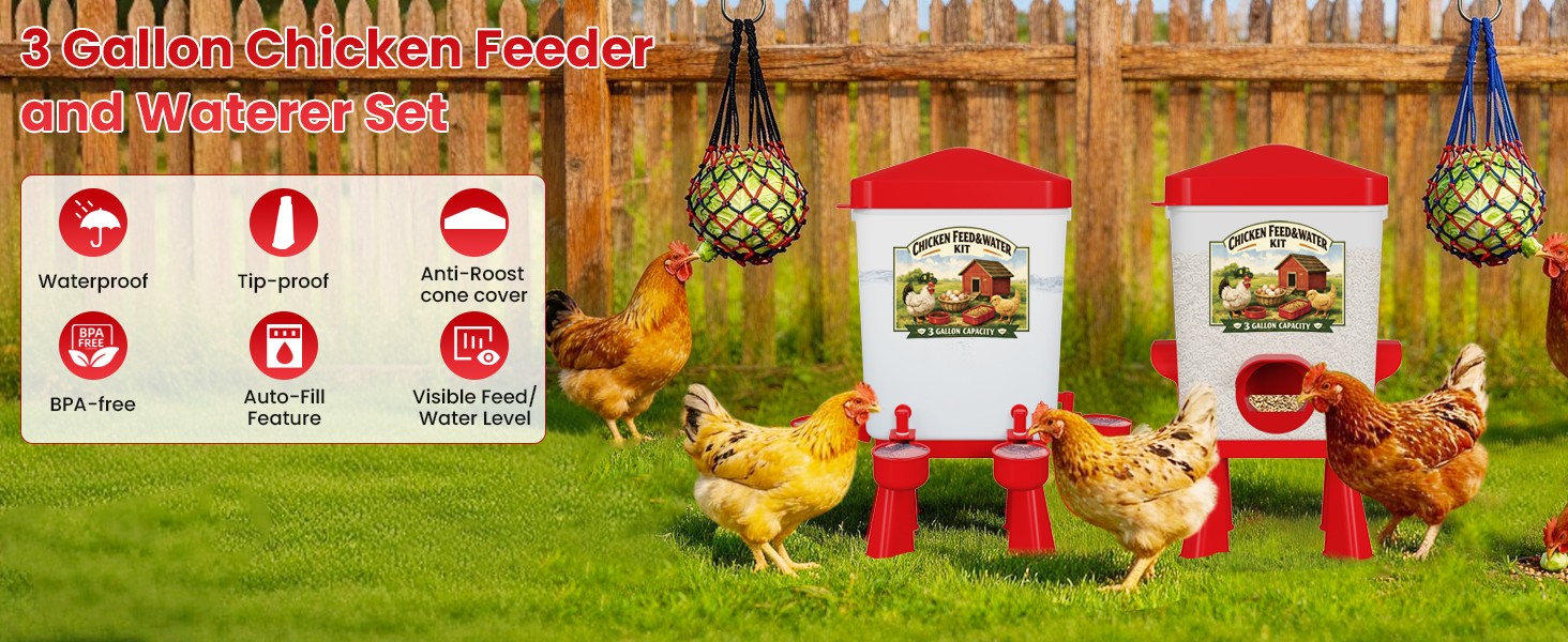 Chicken Feeder and Waterer Set, 3 Gallon/16 LB Automatic Poultry Feeding System