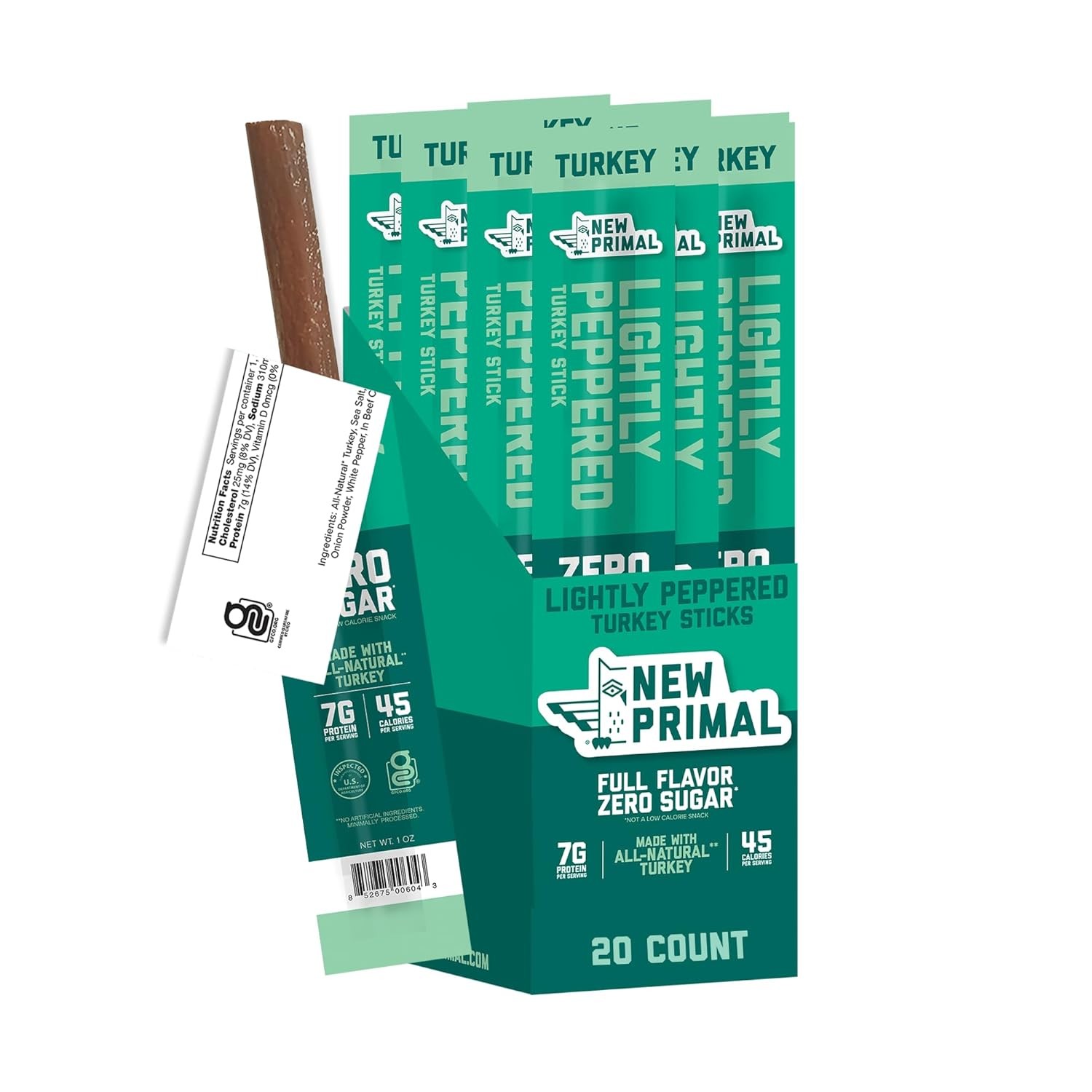 New Primal Lightly Peppered Turkey Sticks, Keto, Gluten 1 Ounce (Pack of 20)