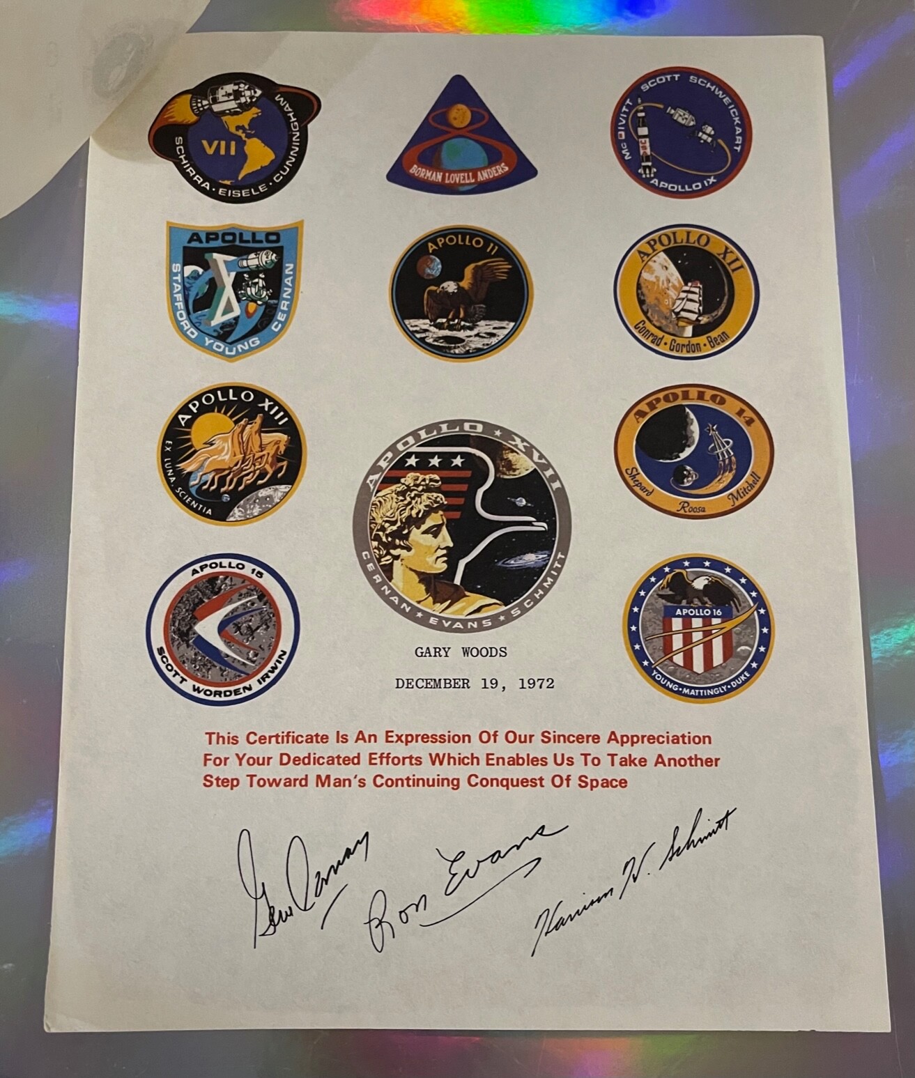 APOLLO 17 KSC TEAM MEMBER AWARD MEMENTO & ORIGINAL MEMO IMPORTANT RECIPIENT