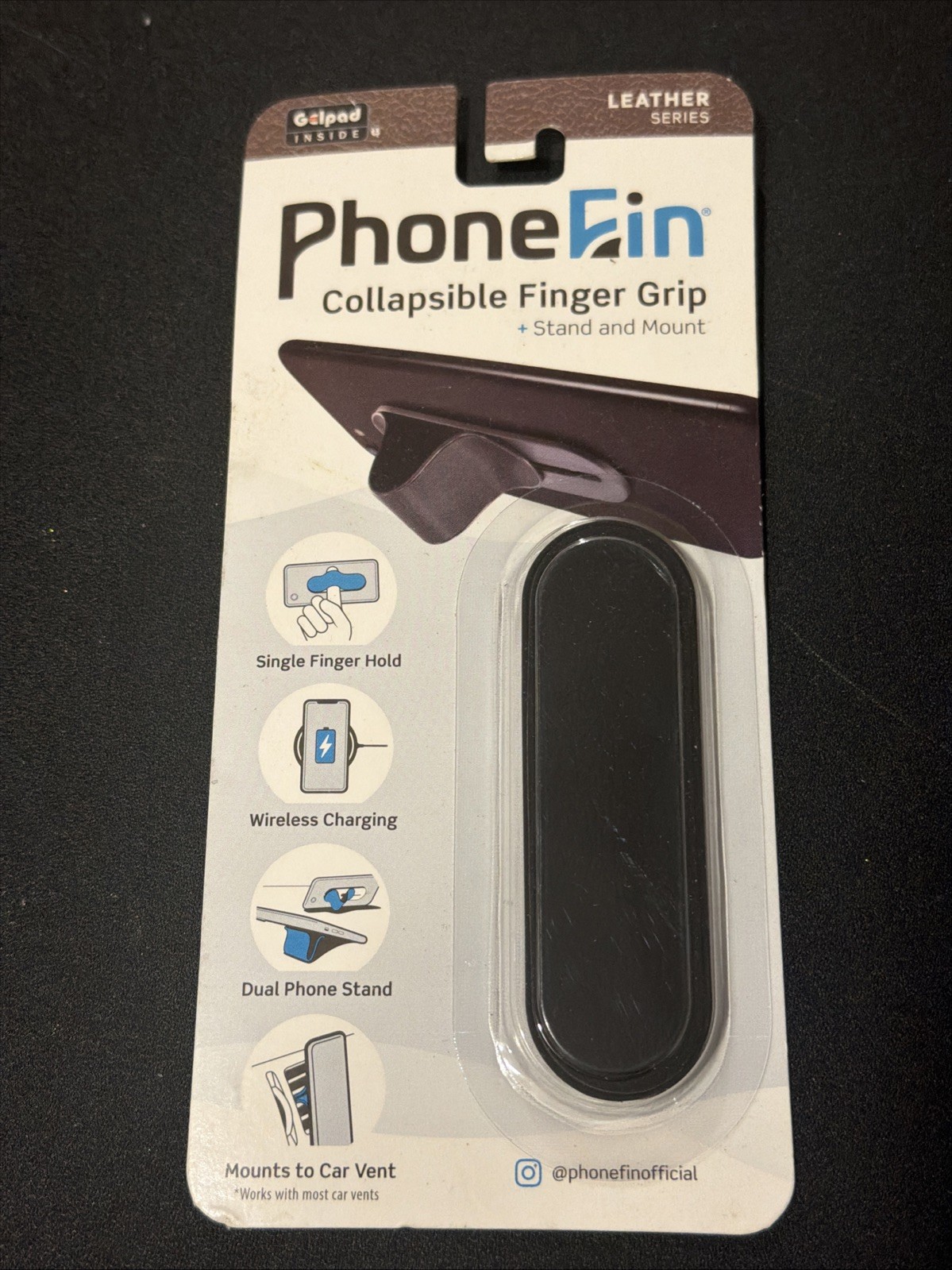 Phone Fin PhoneFin Collapsible Finger Grip Stand and Mount Leather Series Black