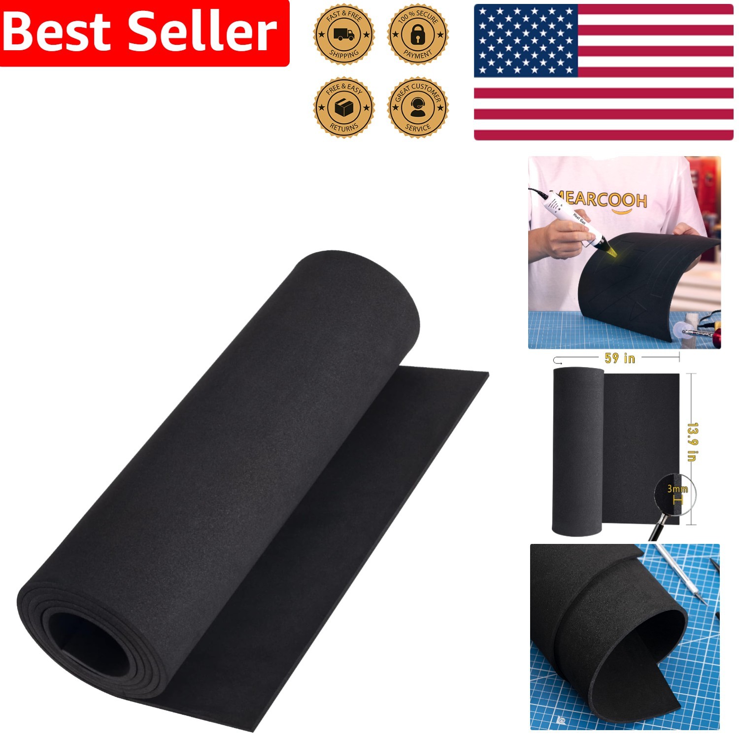 Versatile Black EVA Foam Sheet, 3mm, 59x13.9in for Creative Crafting Solutions