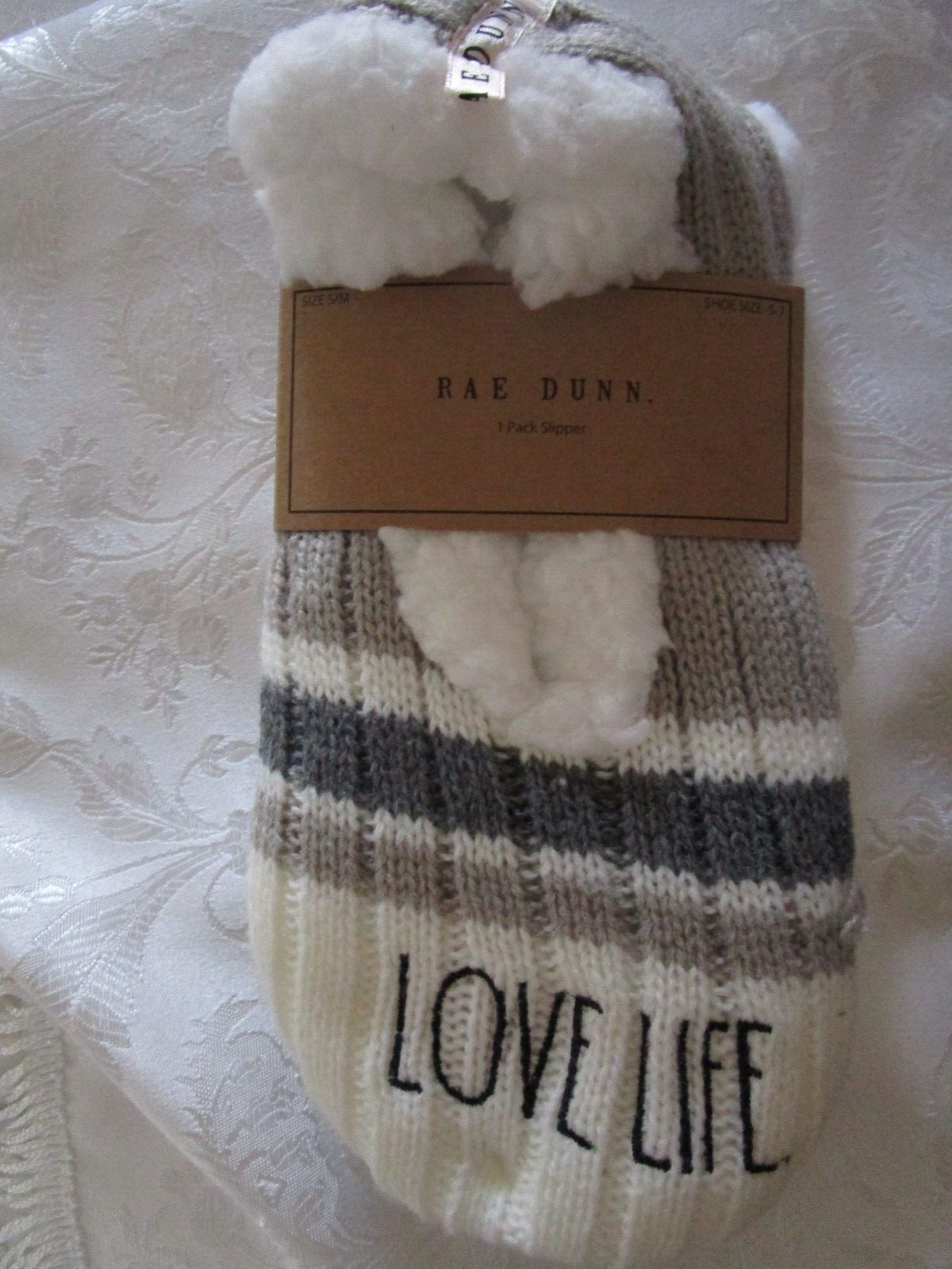Rae Dunn Love Life Slipper Socks NWT Size 5-7 S/M cozy  socks grey white stripe