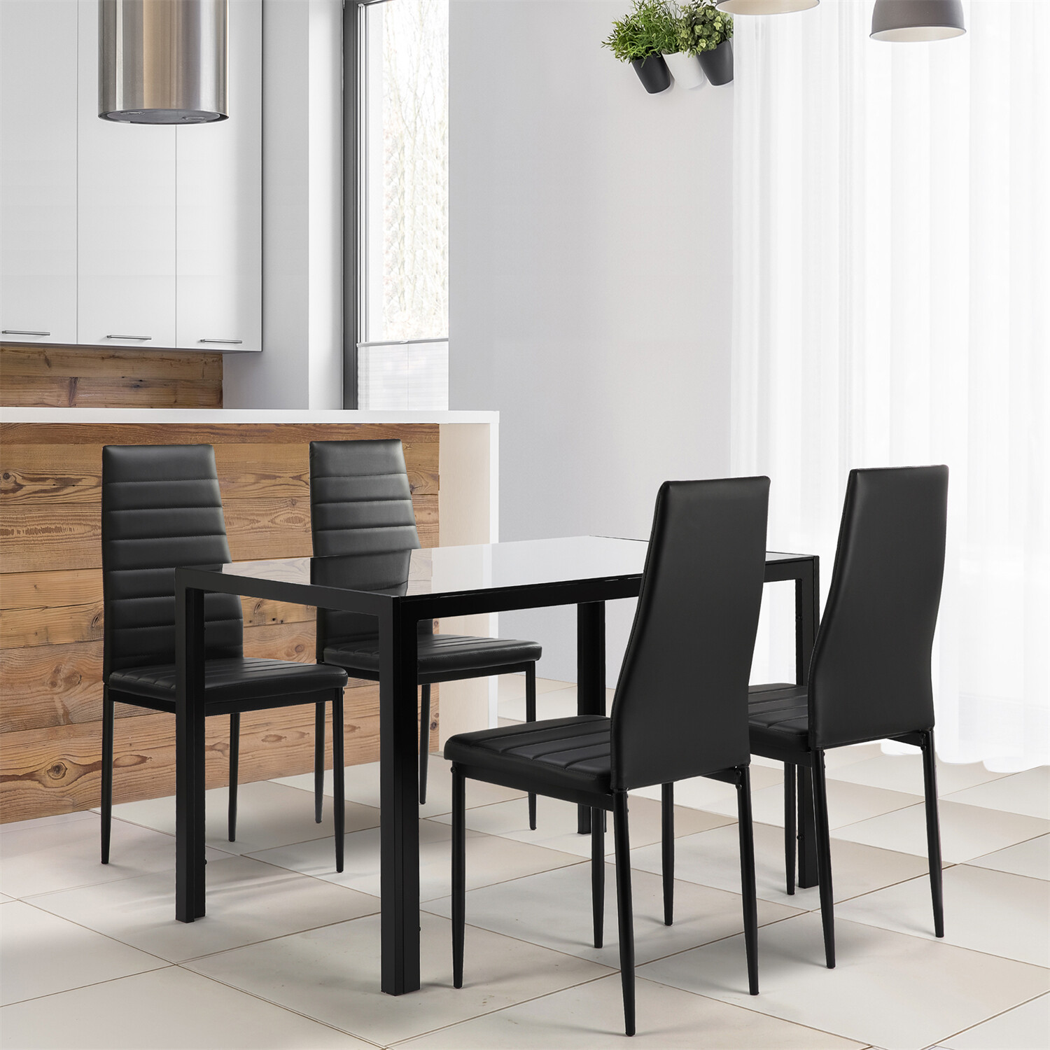5 Piece Dining Table Set Kitchen Breakfast Furniture with 4 Leather Chairs Black