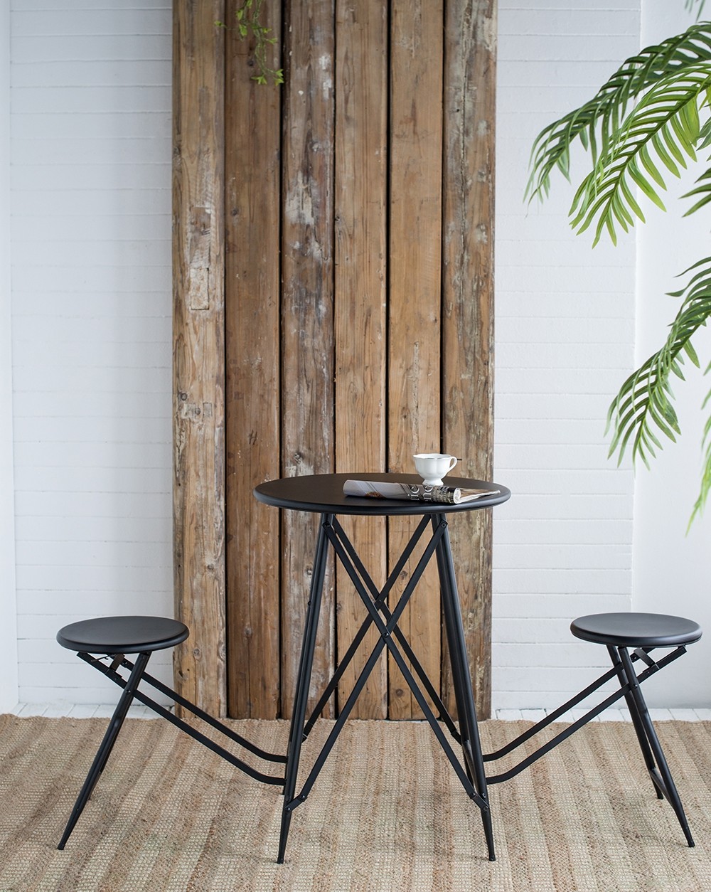 60.83x24x32.3" Black Stowable Side Table and Two Seats
